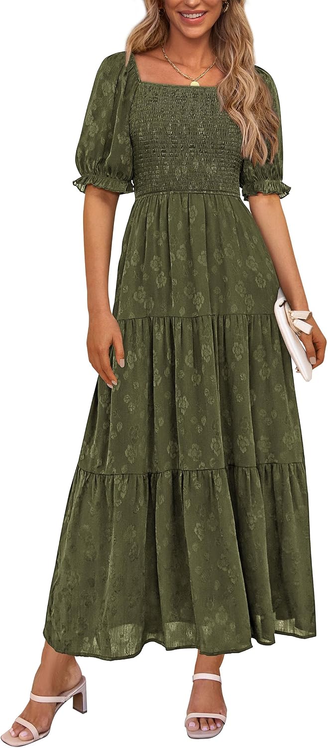 PRETTYGARDEN Women's Summer Elegant Floral Midi Dresses | Square Neck Short Sleeve, Smocked Pockets, Ruffle Tiered, Flowy A Line, Fit and Flare, Wedding Guest Party, Boho Outfits