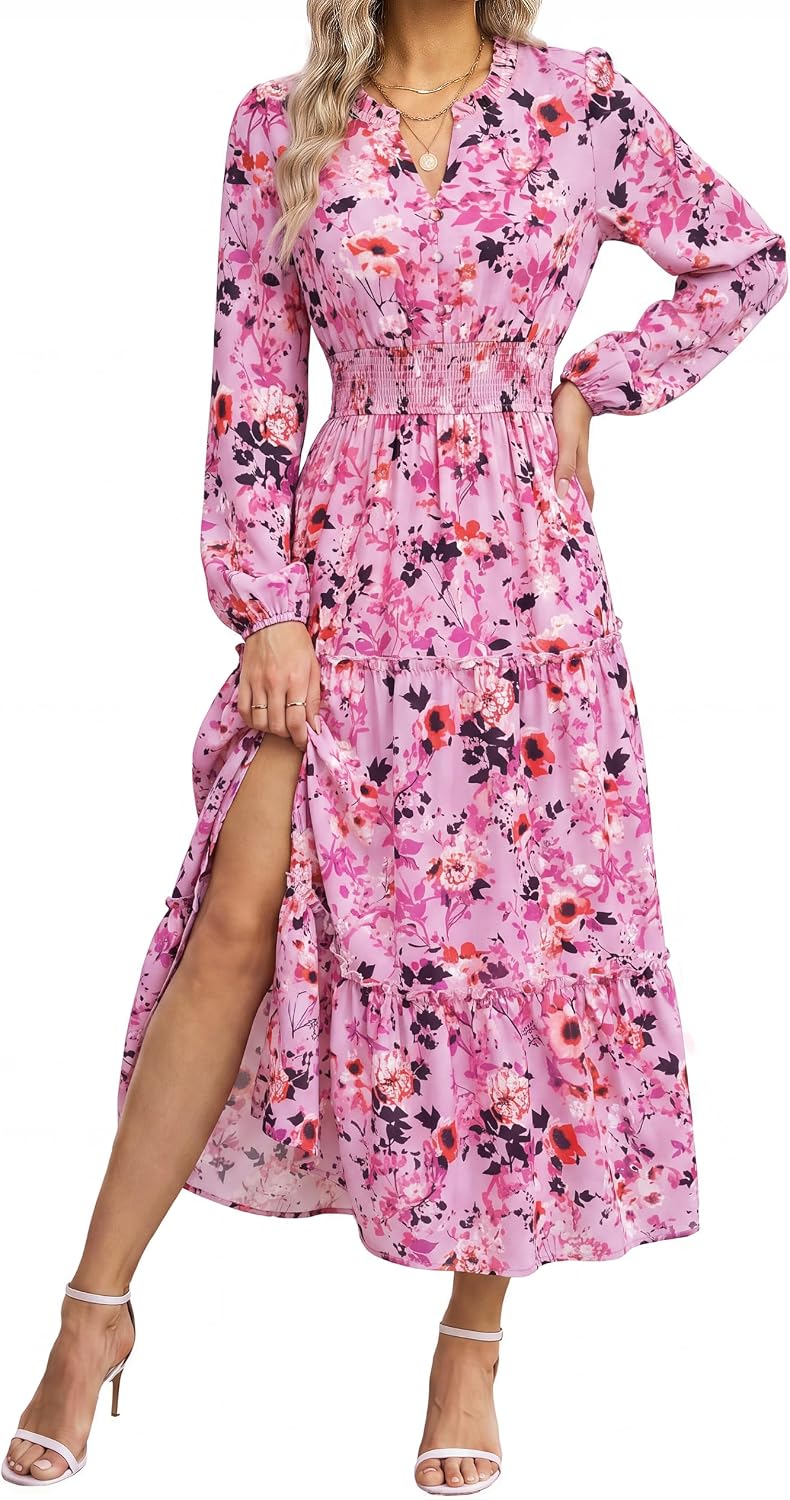 GRACE KARIN Women's Floral Maxi Dress 2026 Fall Long Sleeve V Neck Empire Waist A Line Flowy Dress with Pocket