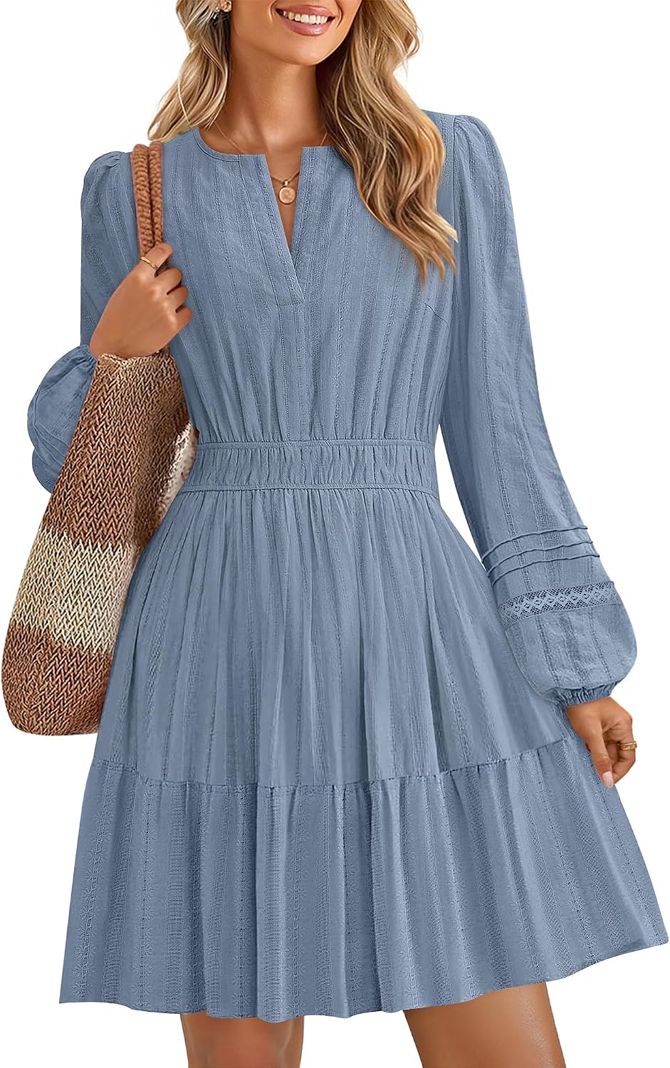 ZESICA Women's Fall Long Sleeve V Neck Flowy Mini Dresses | A Line Cotton Short Dress, Lightweight, Holiday, Work Office, Vacation, Homecoming, Baby Shower, 2026 Fall Trendy Clothes