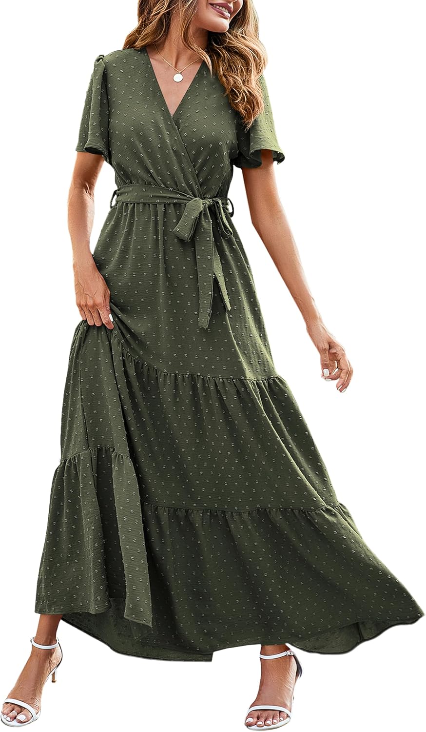 MASCOMODA Womens Summer Swiss Dot Maxi Dresses Wrap Boho Floral Long Dress | V Neck Wrap Dress, Flutter Short Sleeve, Tie Waist, Flowy A Line, Tiered Ruffle Hem, Elegant Spring Wedding Guest Dresses