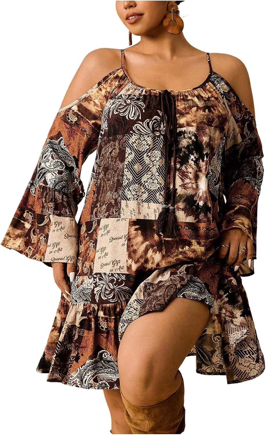 BEAUDRM Women's Plus Size Western Fall Dress Bell Sleeve Cowgirl Dresses | Western, Paisley, Boho, Ruffle, Cold Shoulder, Cowgirl Dress, Country 70s Outfits