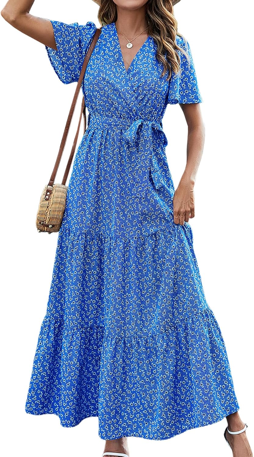 MASCOMODA Womens Summer Swiss Dot Maxi Dresses Wrap Boho Floral Long Dress | V Neck Wrap Dress, Flutter Short Sleeve, Tie Waist, Flowy A Line, Tiered Ruffle Hem, Elegant Spring Wedding Guest Dresses