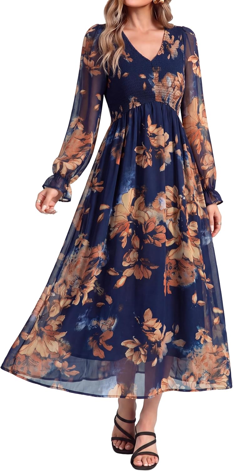 Simplee Womens Fall Floral Wedding Guest Dresses Boho Flowy Maxi Dress | Long Sleeve Chiffon Modest, Church, Smocked Empire Waist, Elegant, Semi Formal, Bridal Shower, Long Western A Line