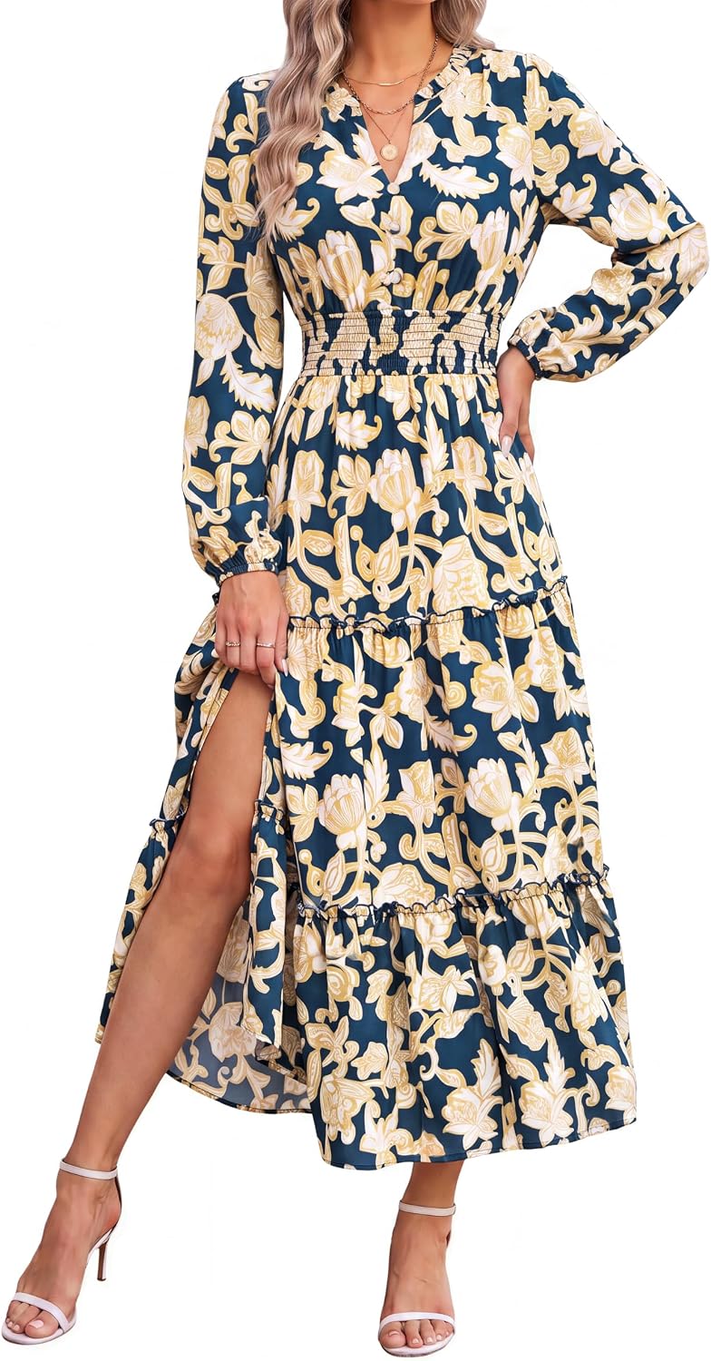 GRACE KARIN Women's Floral Maxi Dress 2026 Fall Long Sleeve V Neck Empire Waist A Line Flowy Dress with Pocket