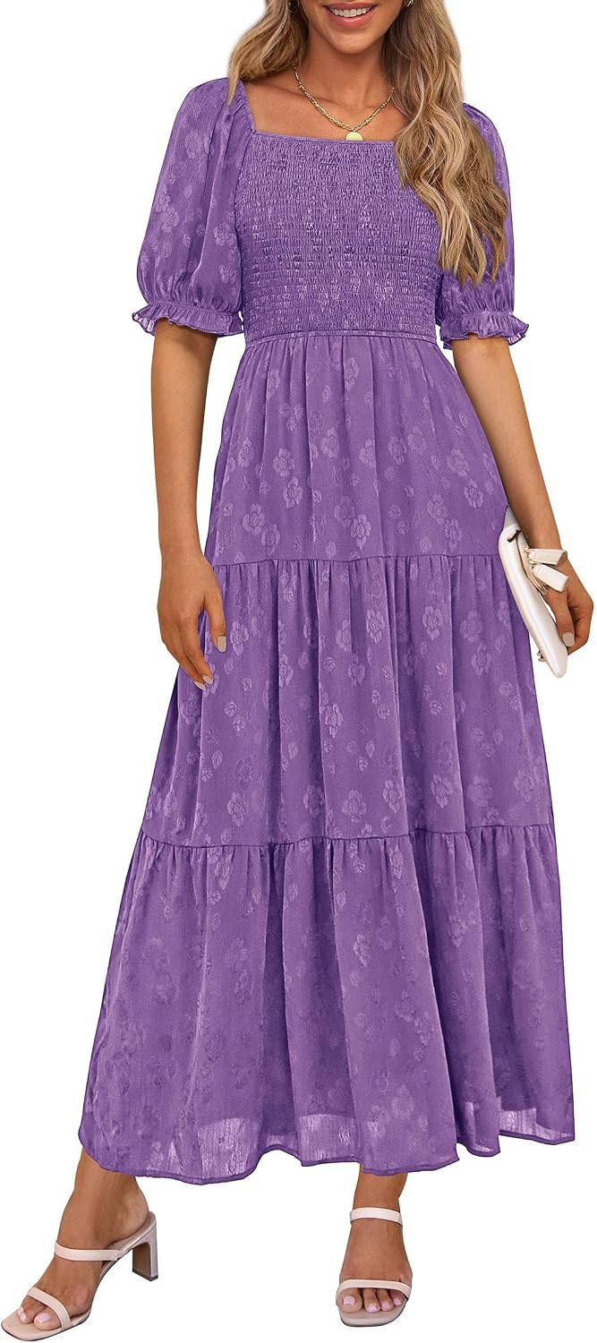 PRETTYGARDEN Women's Summer Elegant Floral Midi Dresses | Square Neck Short Sleeve, Smocked Pockets, Ruffle Tiered, Flowy A Line, Fit and Flare, Wedding Guest Party, Boho Outfits