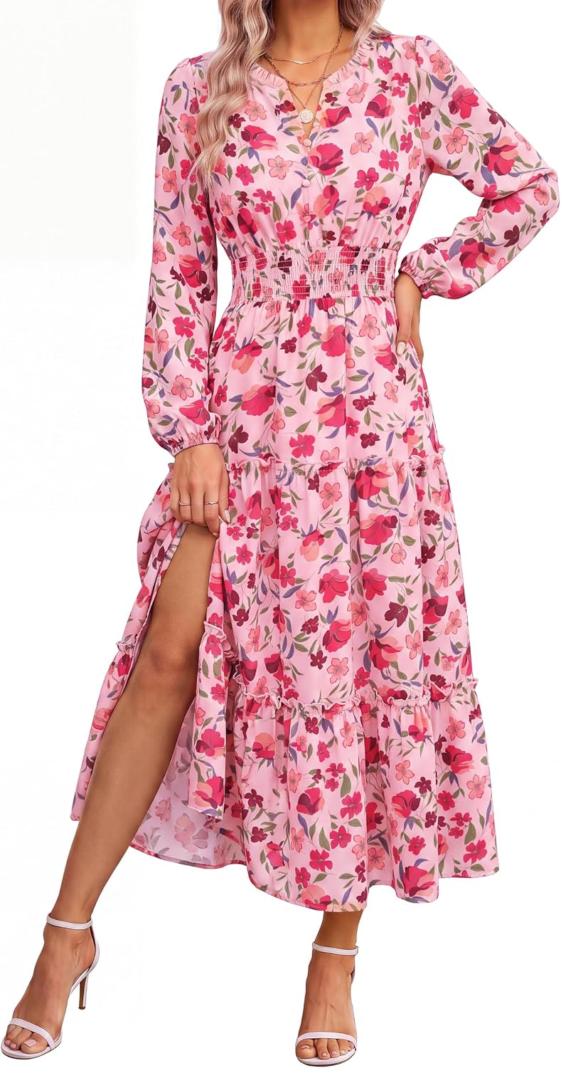 GRACE KARIN Women's Floral Maxi Dress 2026 Fall Long Sleeve V Neck Empire Waist A Line Flowy Dress with Pocket