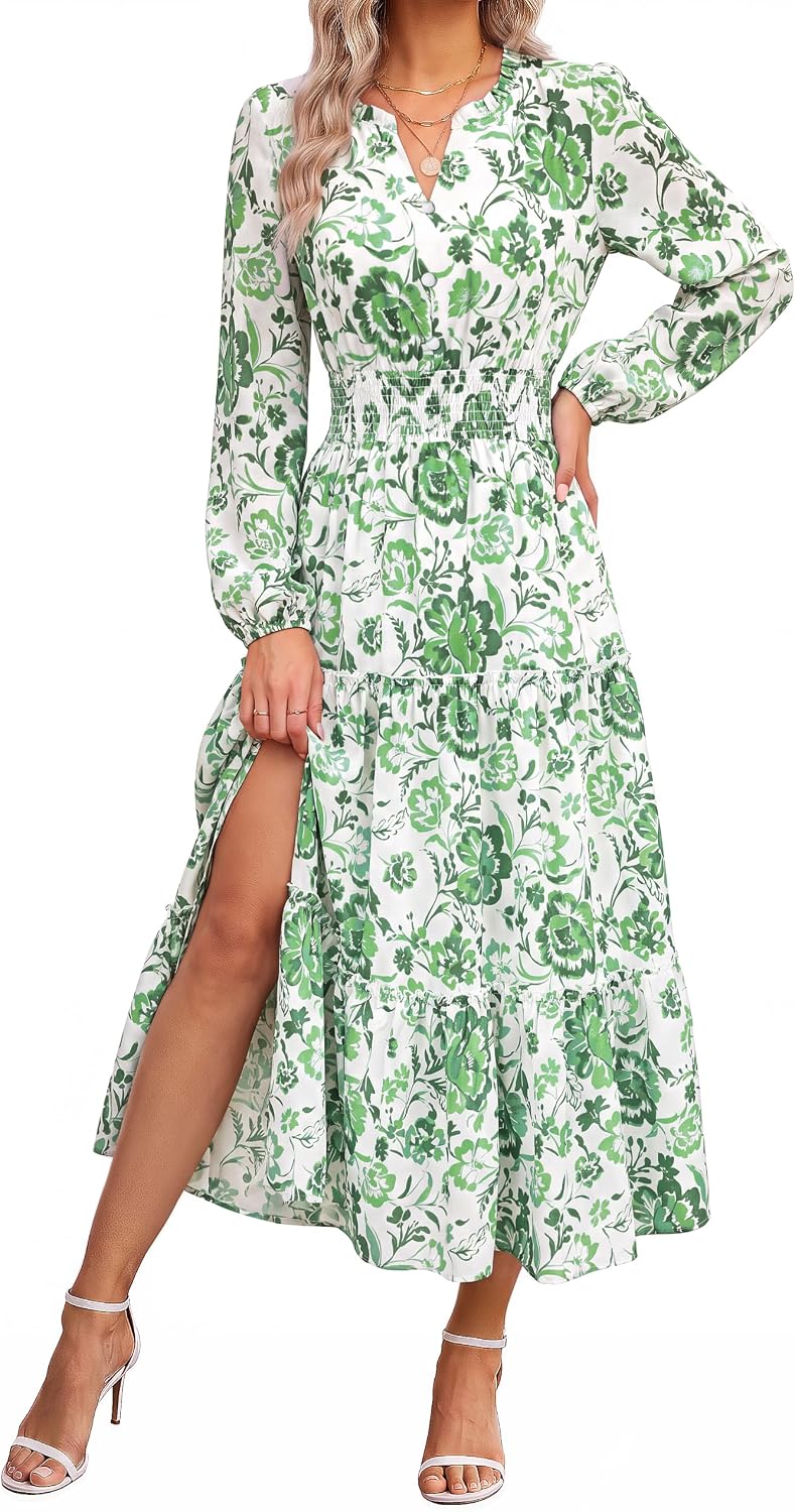GRACE KARIN Women's Floral Maxi Dress 2026 Fall Long Sleeve V Neck Empire Waist A Line Flowy Dress with Pocket