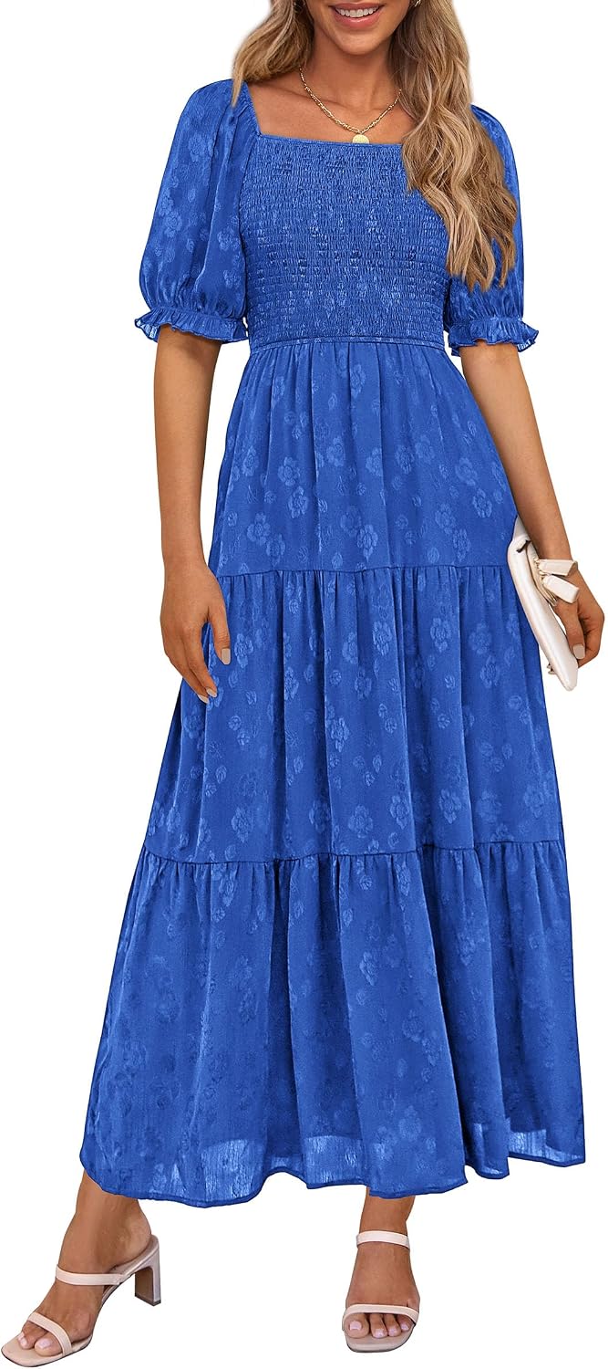 PRETTYGARDEN Women's Summer Elegant Floral Midi Dresses | Square Neck Short Sleeve, Smocked Pockets, Ruffle Tiered, Flowy A Line, Fit and Flare, Wedding Guest Party, Boho Outfits