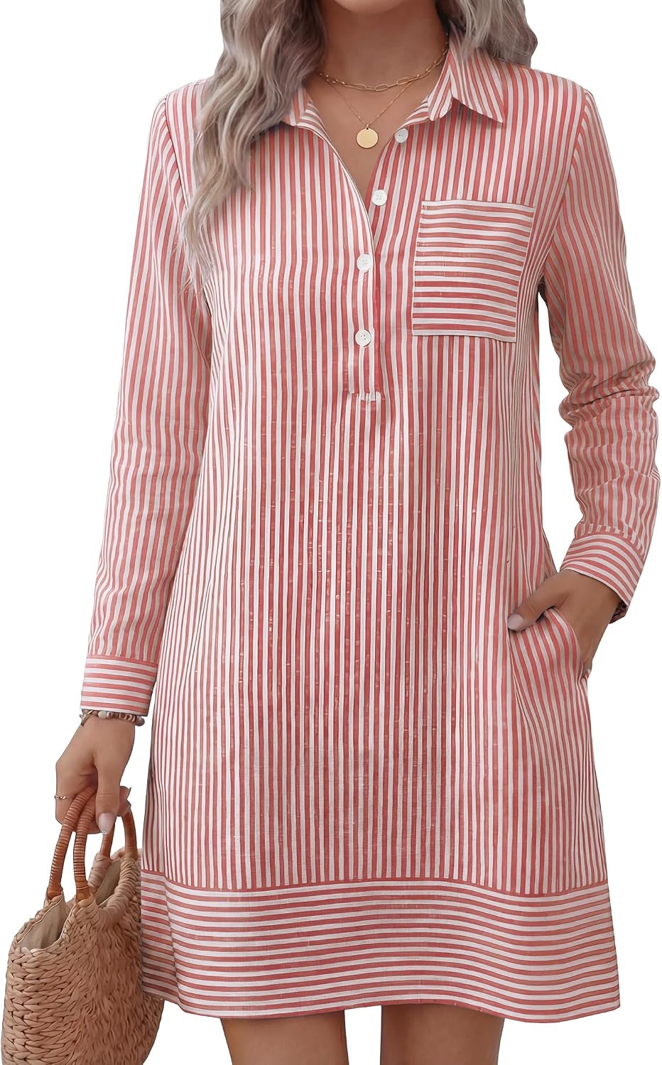 ANRABESS Women's Long Sleeve Striped Fall Shift Shirt Dress | Button Up Polo Collar Tunic Short Dresses with Pockets, Color Block Hem Regular Fit, Office Casual Clothes, All Season Outfit