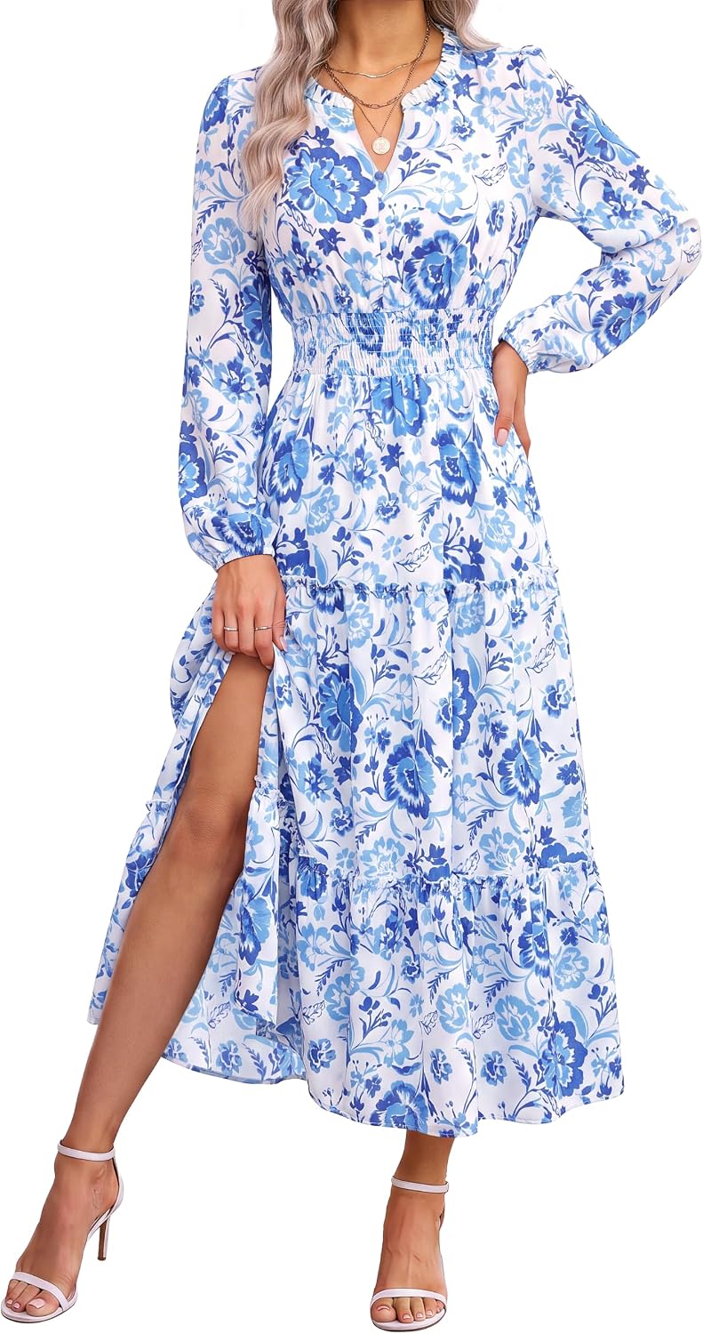 GRACE KARIN Women's Floral Maxi Dress 2026 Fall Long Sleeve V Neck Empire Waist A Line Flowy Dress with Pocket