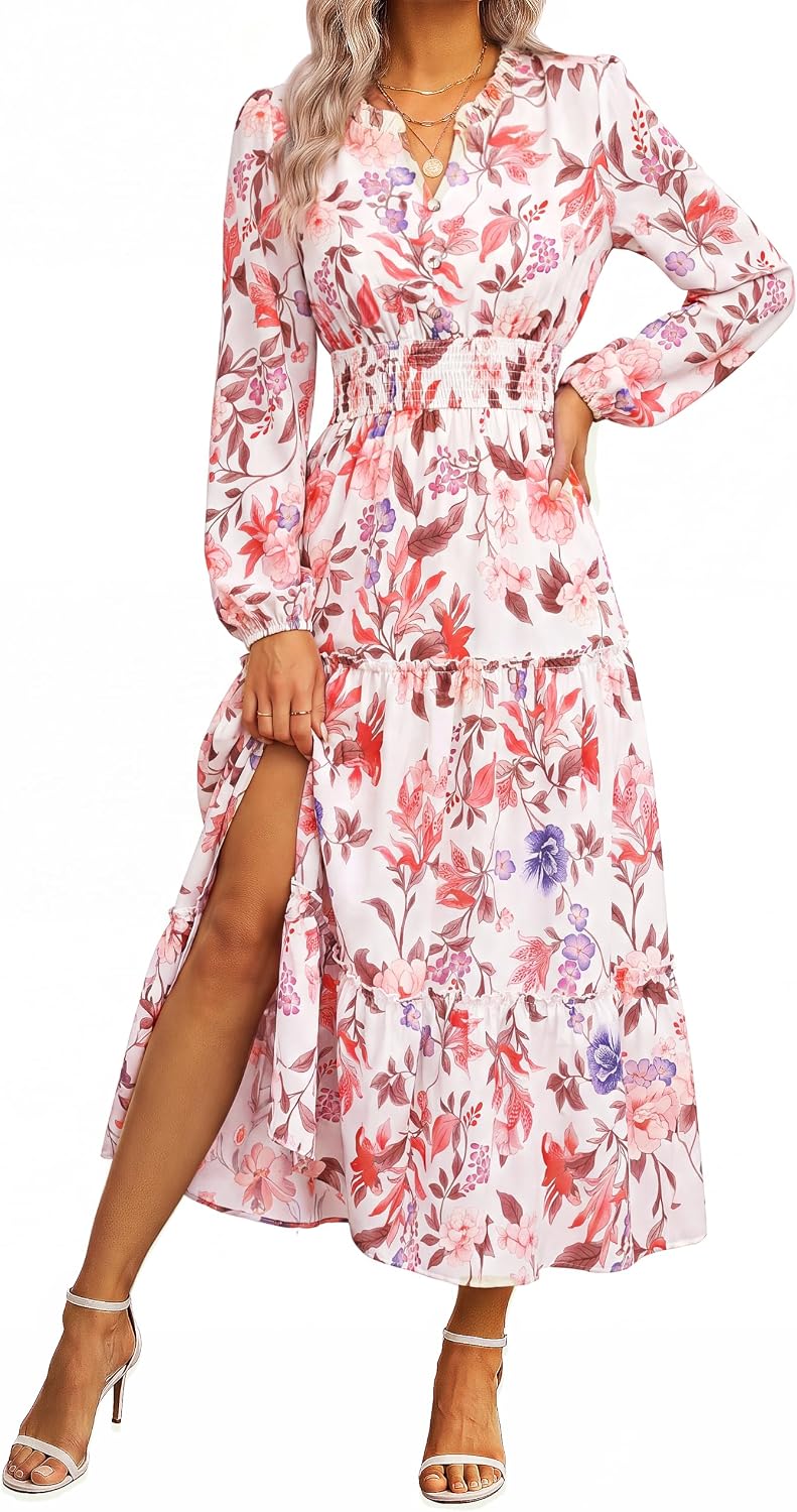 GRACE KARIN Women's Floral Maxi Dress 2026 Fall Long Sleeve V Neck Empire Waist A Line Flowy Dress with Pocket