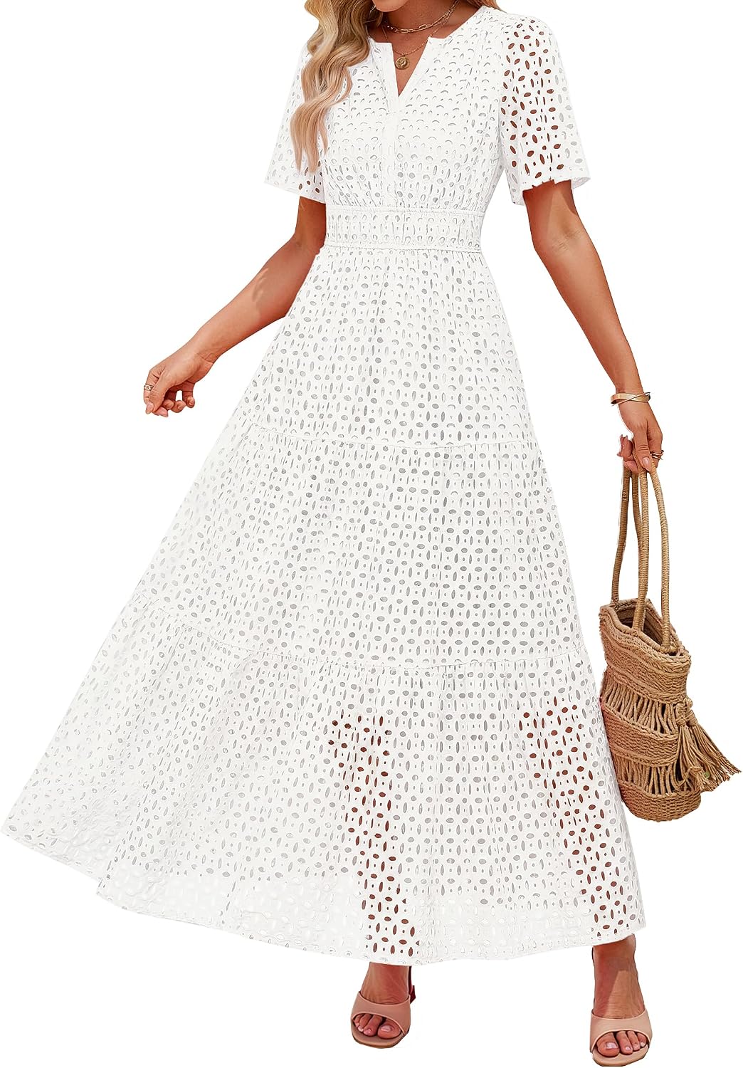 ZESICA Women's Summer Casual V Neck Eyelet A Line Maxi Dresses | Short Sleeve, High Waist, Beach Vacation Long Dress, Wedding Guest, Cocktail Party Outfits, 2026 Fashion Trendy Clothes
