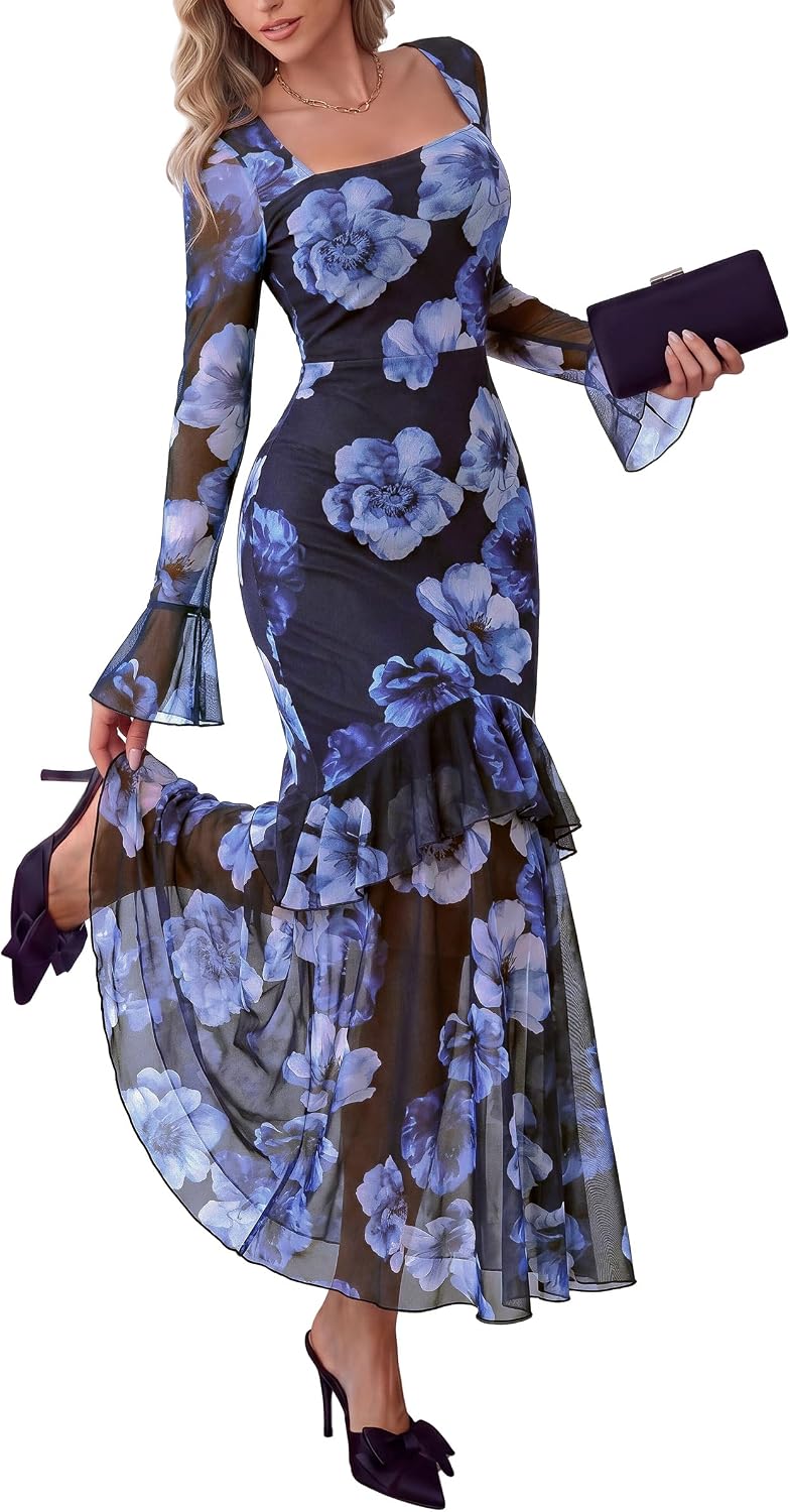 PRETTYGARDEN Womens Floral Long Sleeve Dress A Line Mesh Fall Maxi Dresses | Sheer Sleeve & Bell Cuffs, Lined, High Waist & Tiered Ruffle, Square Neck, Flowy Boho Dress, Cocktail Wedding Guest Dresses