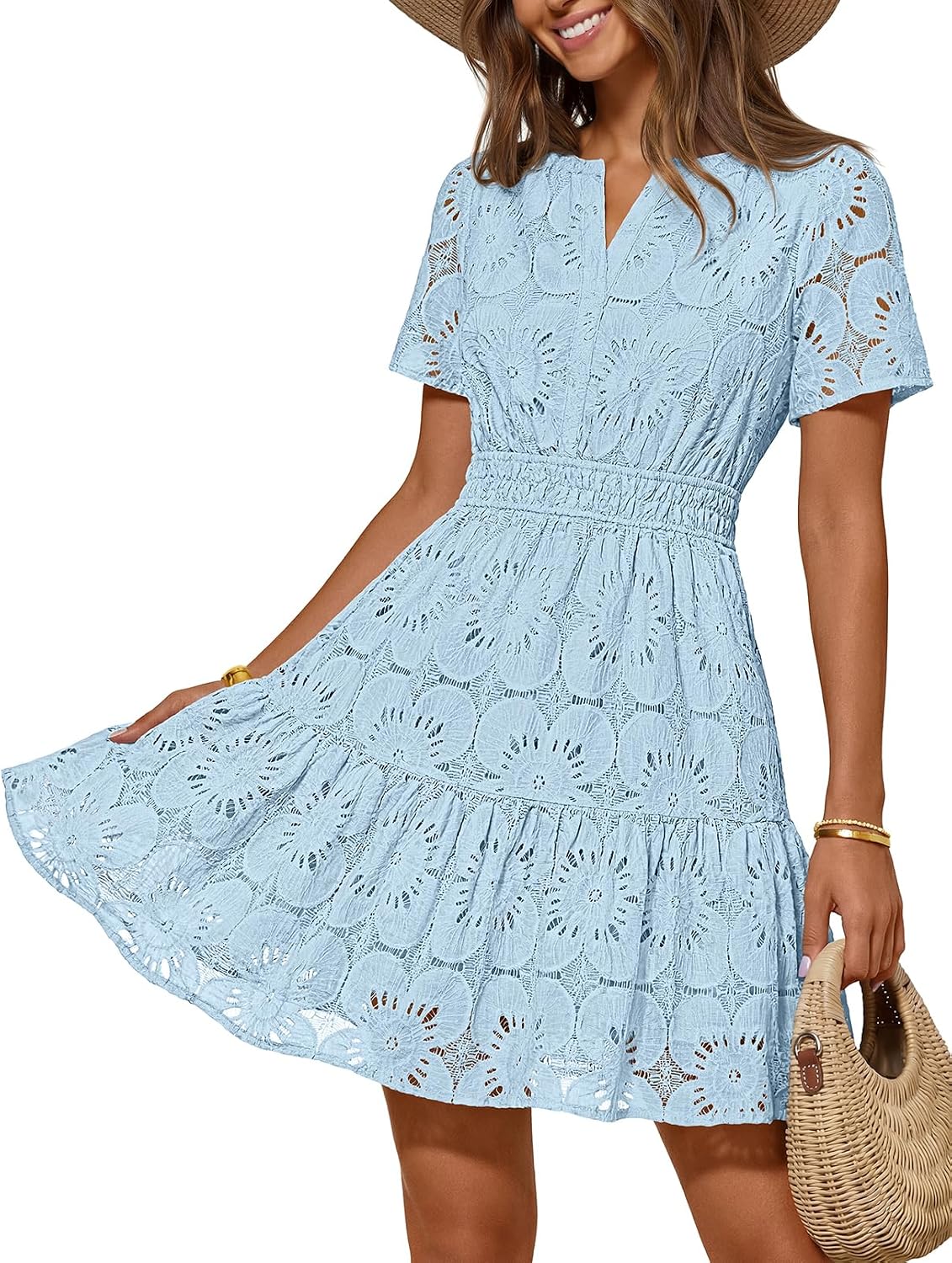 MEROKEETY Women's Summer Eyelet Lace Floral Boho Dress | Mini Dress, Short Sleeve, A Line, Notch Neck, Shirring Waist, Flowy Hem, Elegant Casual Cute, Vacation Beach, Short Sundress