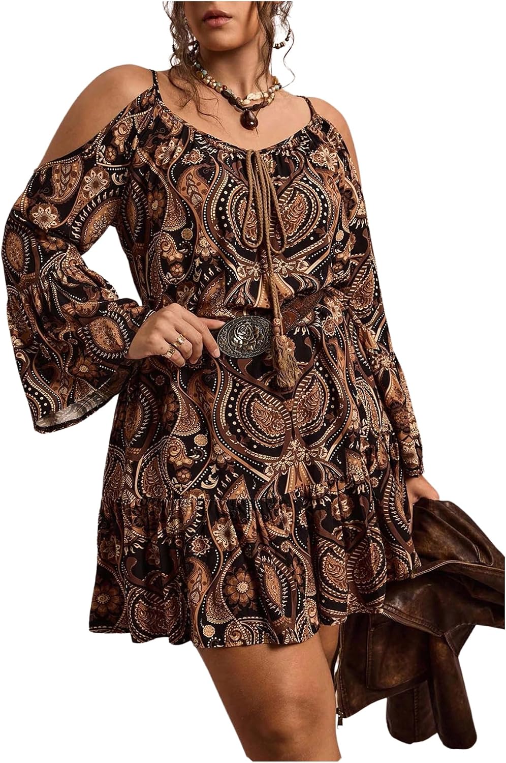 BEAUDRM Women's Plus Size Western Fall Dress Bell Sleeve Cowgirl Dresses | Western, Paisley, Boho, Ruffle, Cold Shoulder, Cowgirl Dress, Country 70s Outfits