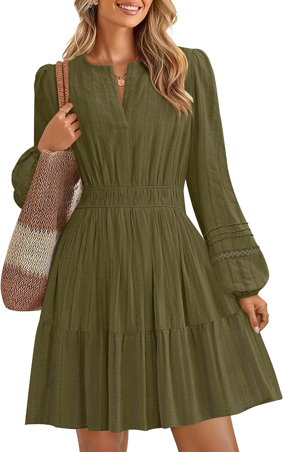 ZESICA Women's Fall Long Sleeve V Neck Flowy Mini Dresses | A Line Cotton Short Dress, Lightweight, Holiday, Work Office, Vacation, Homecoming, Baby Shower, 2026 Fall Trendy Clothes