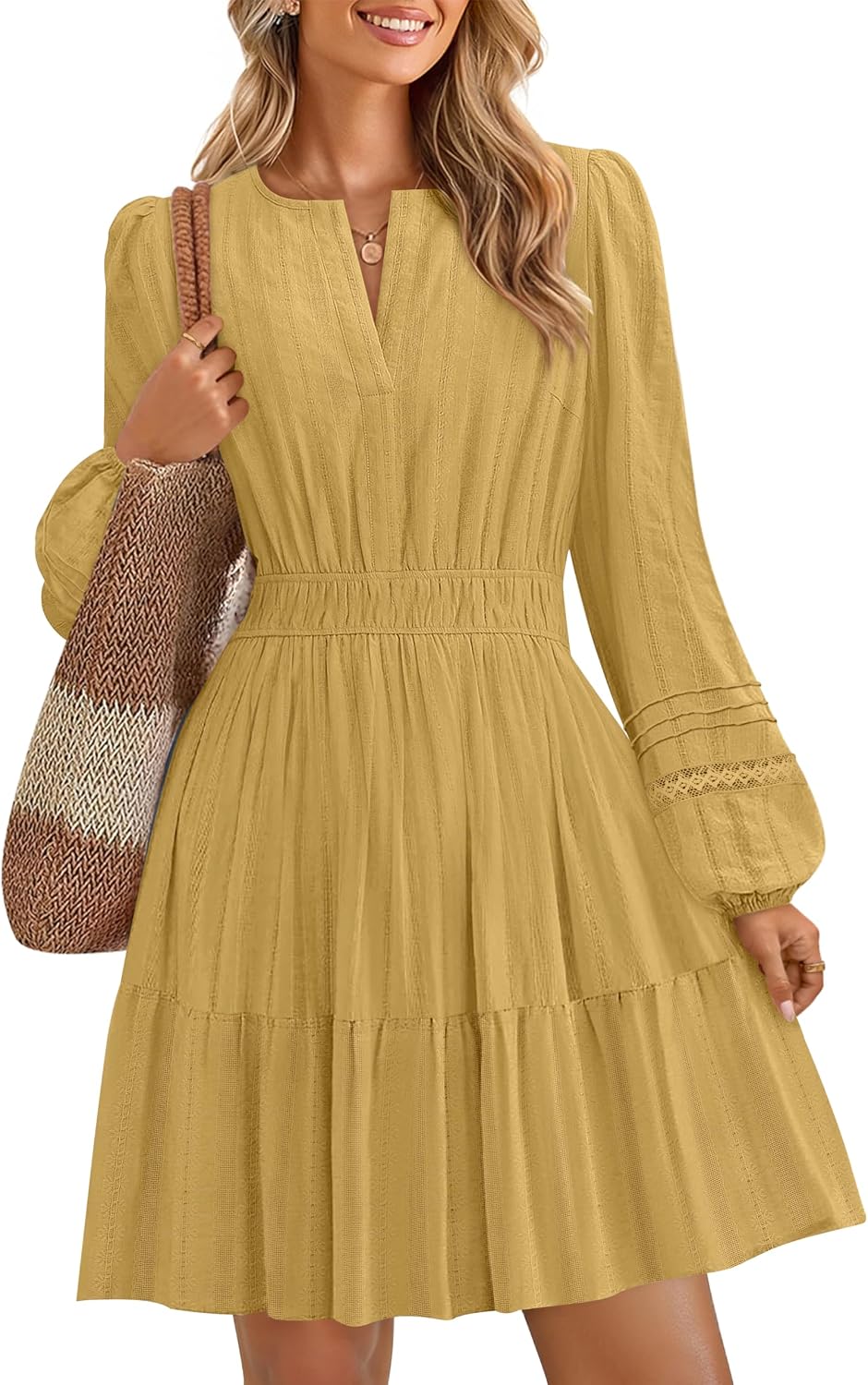ZESICA Women's Fall Long Sleeve V Neck Flowy Mini Dresses | A Line Cotton Short Dress, Lightweight, Holiday, Work Office, Vacation, Homecoming, Baby Shower, 2026 Fall Trendy Clothes