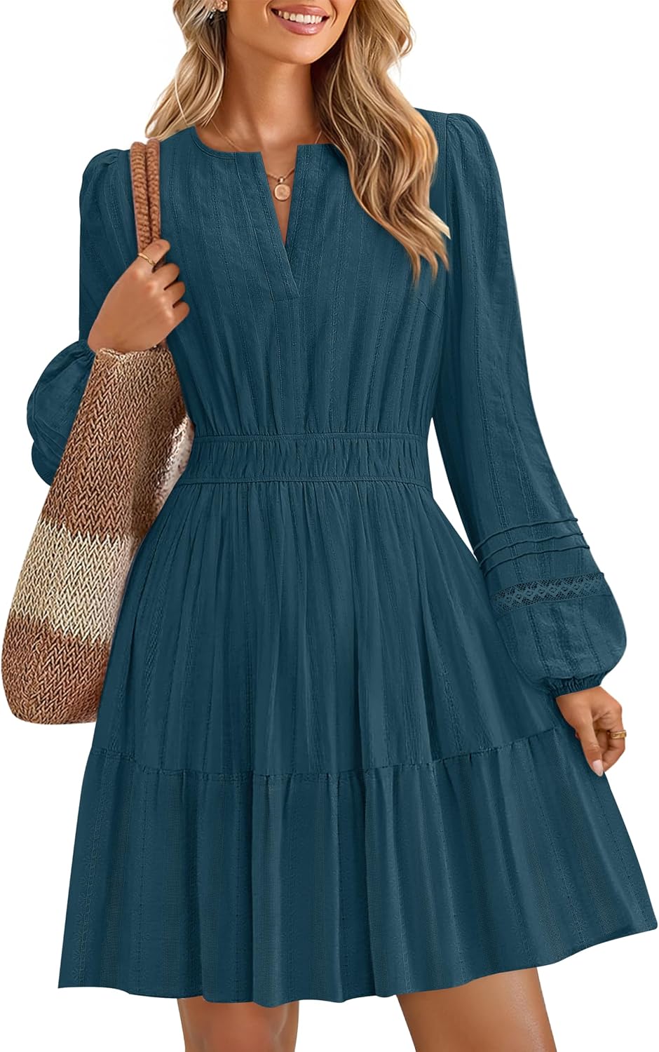 ZESICA Women's Fall Long Sleeve V Neck Flowy Mini Dresses | A Line Cotton Short Dress, Lightweight, Holiday, Work Office, Vacation, Homecoming, Baby Shower, 2026 Fall Trendy Clothes