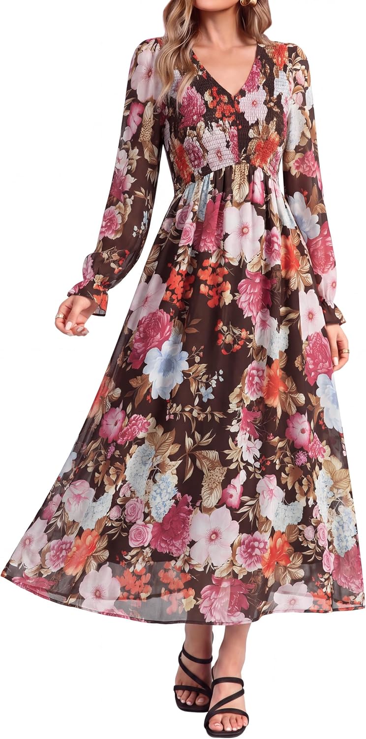 Simplee Womens Fall Floral Wedding Guest Dresses Boho Flowy Maxi Dress | Long Sleeve Chiffon Modest, Church, Smocked Empire Waist, Elegant, Semi Formal, Bridal Shower, Long Western A Line