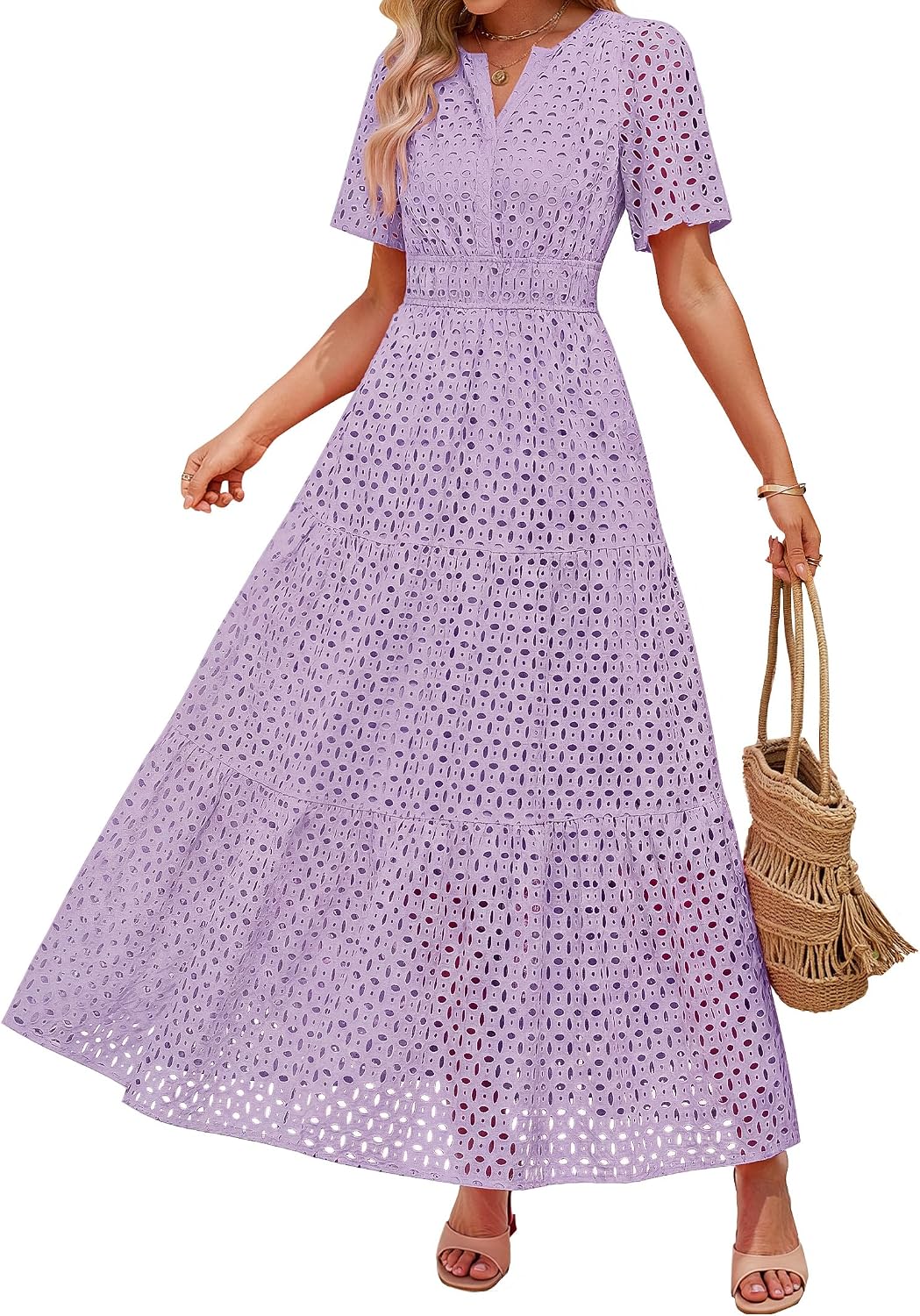 ZESICA Women's Summer Casual V Neck Eyelet A Line Maxi Dresses | Short Sleeve, High Waist, Beach Vacation Long Dress, Wedding Guest, Cocktail Party Outfits, 2026 Fashion Trendy Clothes