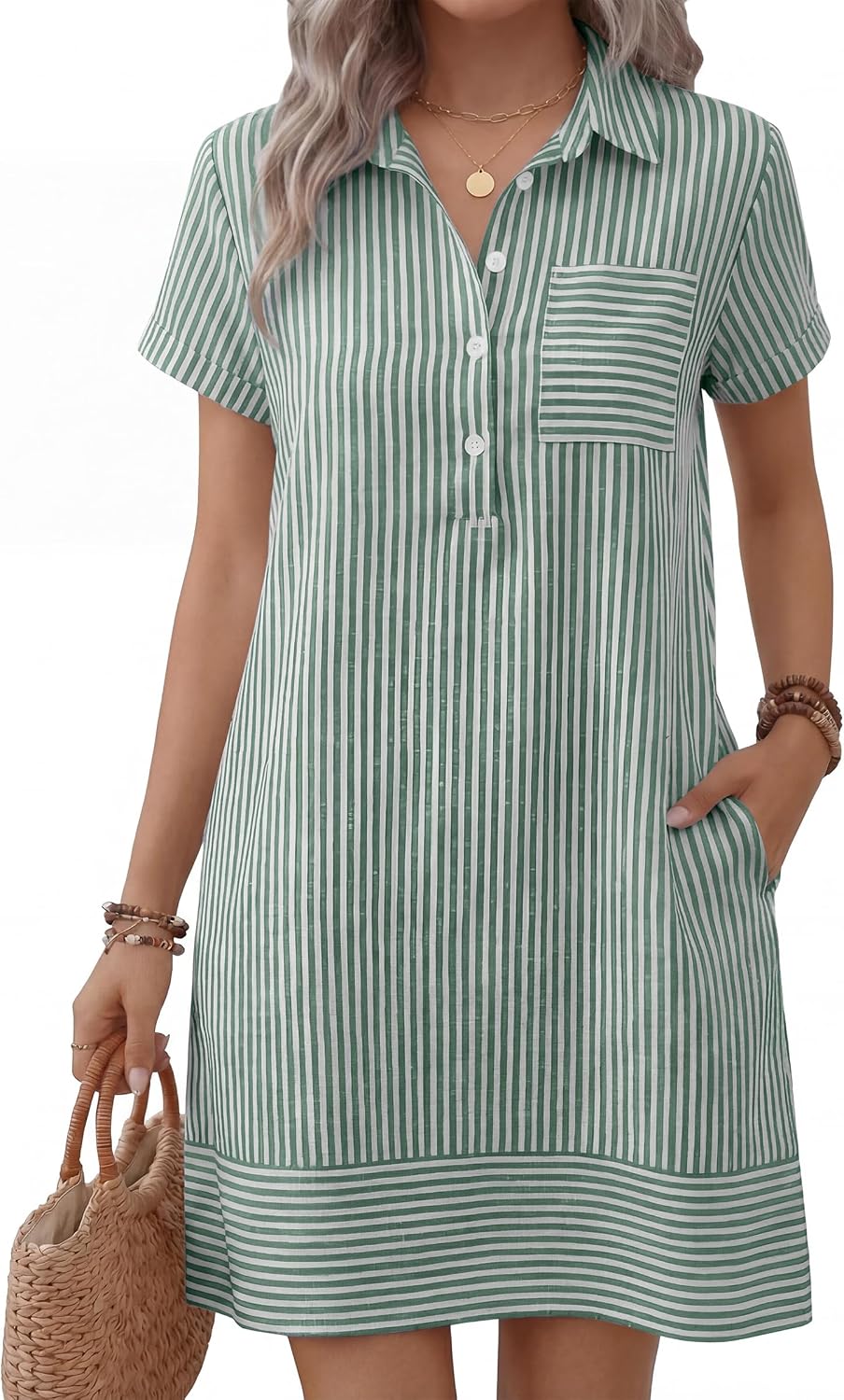 ANRABESS Womens Summer Casual Short Sleeve Shirt Dresses | Button Polo T-shirt Loose Shift Dress, Striped & Gingham, Beach Vacation Travel Outfits with Pockets, Spring Fall Clothes