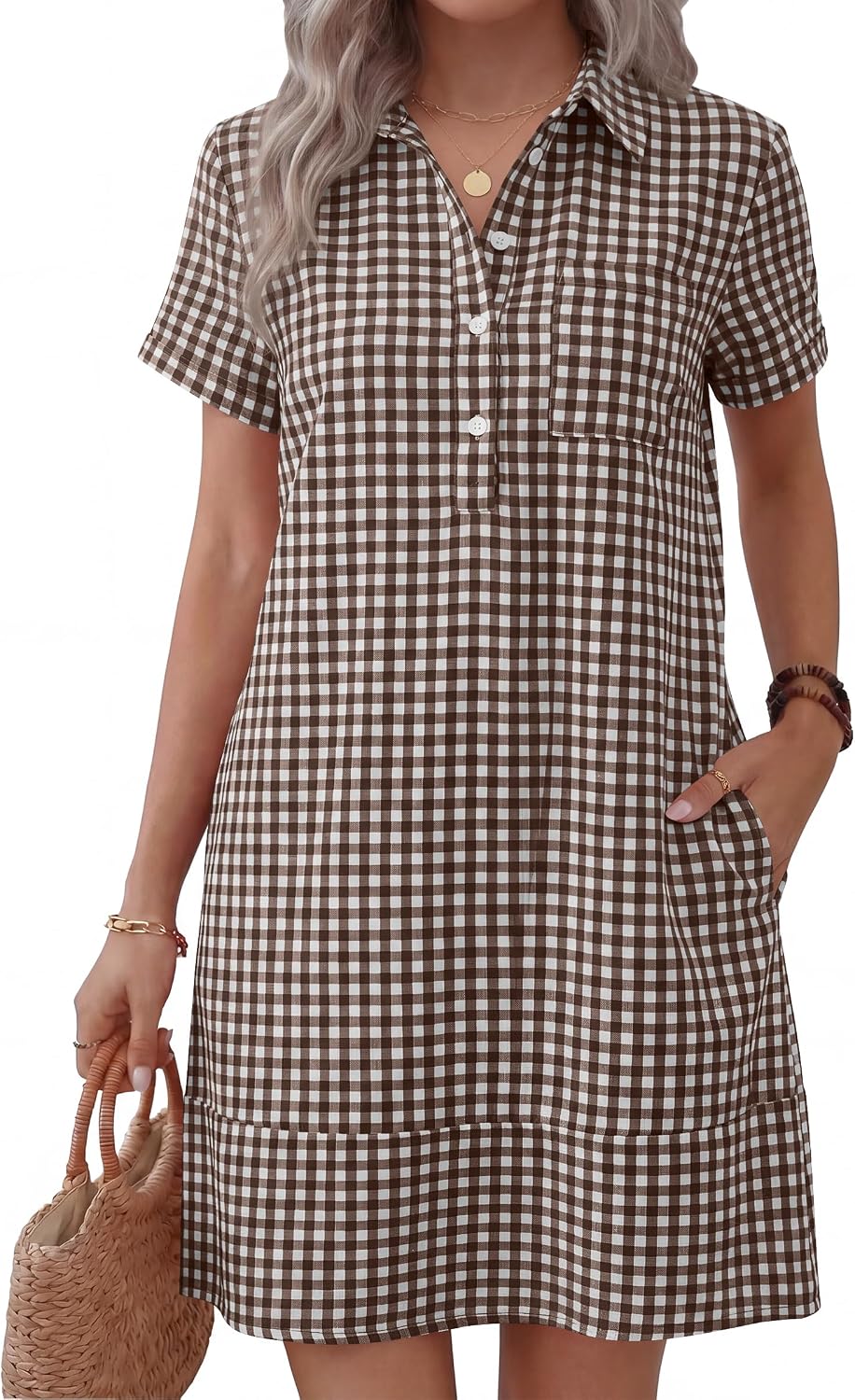 ANRABESS Womens Summer Casual Short Sleeve Shirt Dresses | Button Polo T-shirt Loose Shift Dress, Striped & Gingham, Beach Vacation Travel Outfits with Pockets, Spring Fall Clothes