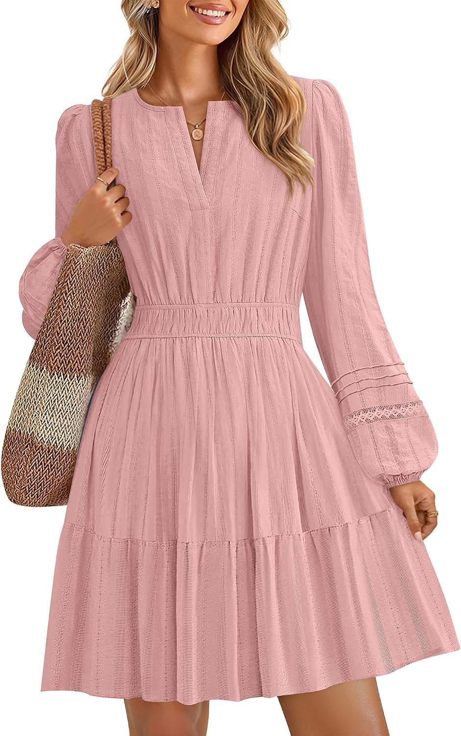 ZESICA Women's Fall Long Sleeve V Neck Flowy Mini Dresses | A Line Cotton Short Dress, Lightweight, Holiday, Work Office, Vacation, Homecoming, Baby Shower, 2026 Fall Trendy Clothes