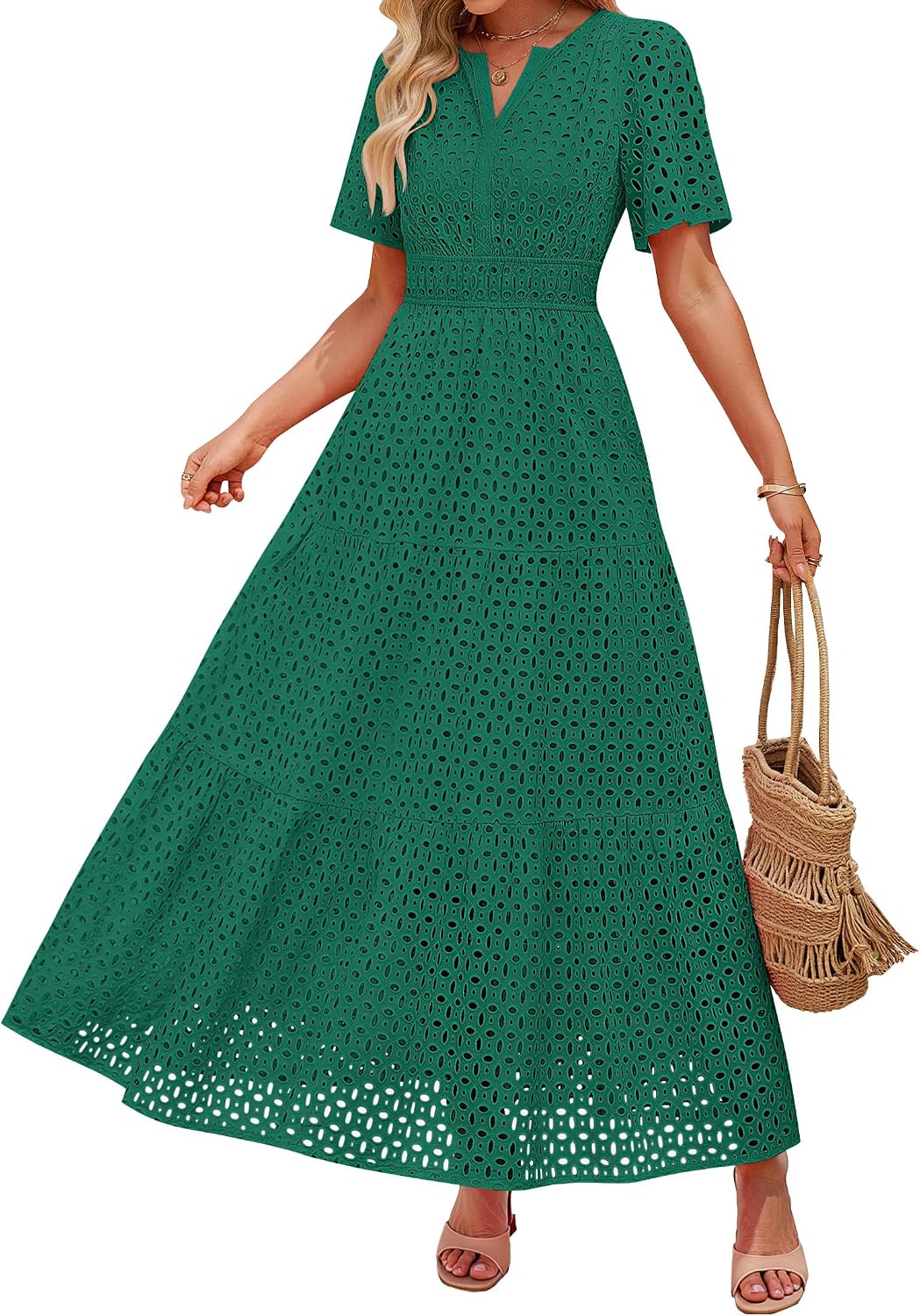 ZESICA Women's Summer Casual V Neck Eyelet A Line Maxi Dresses | Short Sleeve, High Waist, Beach Vacation Long Dress, Wedding Guest, Cocktail Party Outfits, 2026 Fashion Trendy Clothes