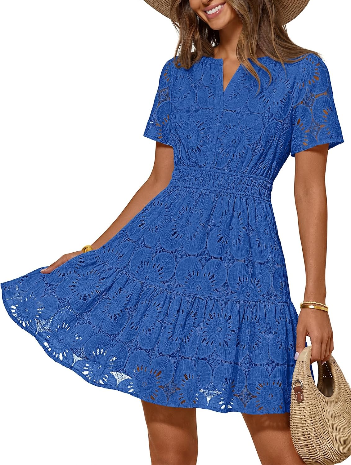 MEROKEETY Women's Summer Eyelet Lace Floral Boho Dress | Mini Dress, Short Sleeve, A Line, Notch Neck, Shirring Waist, Flowy Hem, Elegant Casual Cute, Vacation Beach, Short Sundress