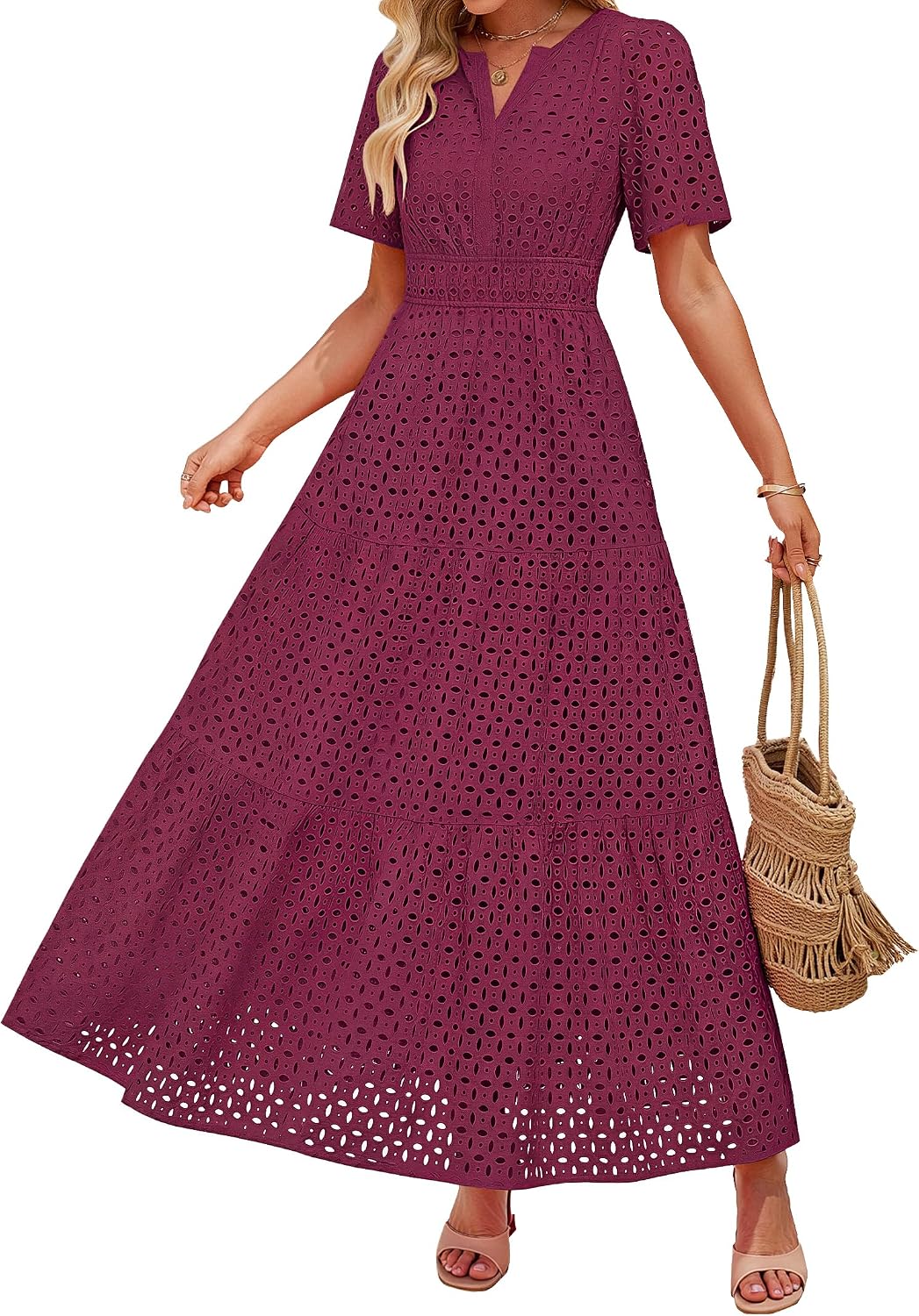 ZESICA Women's Summer Casual V Neck Eyelet A Line Maxi Dresses | Short Sleeve, High Waist, Beach Vacation Long Dress, Wedding Guest, Cocktail Party Outfits, 2026 Fashion Trendy Clothes