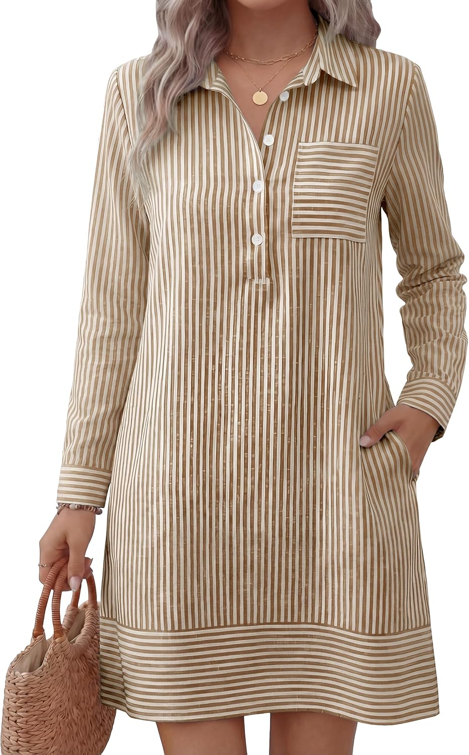 ANRABESS Women's Long Sleeve Striped Fall Shift Shirt Dress | Button Up Polo Collar Tunic Short Dresses with Pockets, Color Block Hem Regular Fit, Office Casual Clothes, All Season Outfit