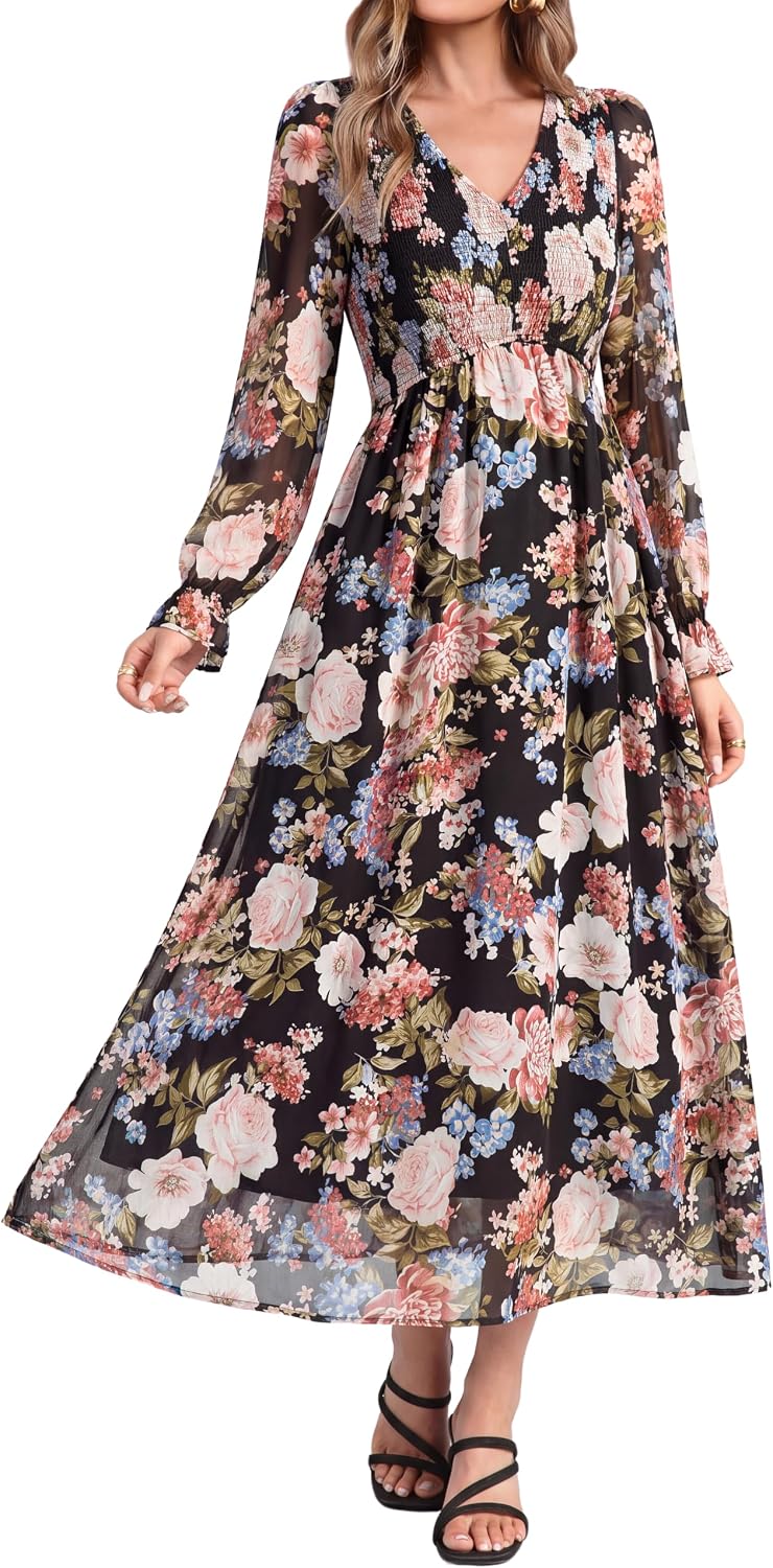 Simplee Womens Fall Floral Wedding Guest Dresses Boho Flowy Maxi Dress | Long Sleeve Chiffon Modest, Church, Smocked Empire Waist, Elegant, Semi Formal, Bridal Shower, Long Western A Line