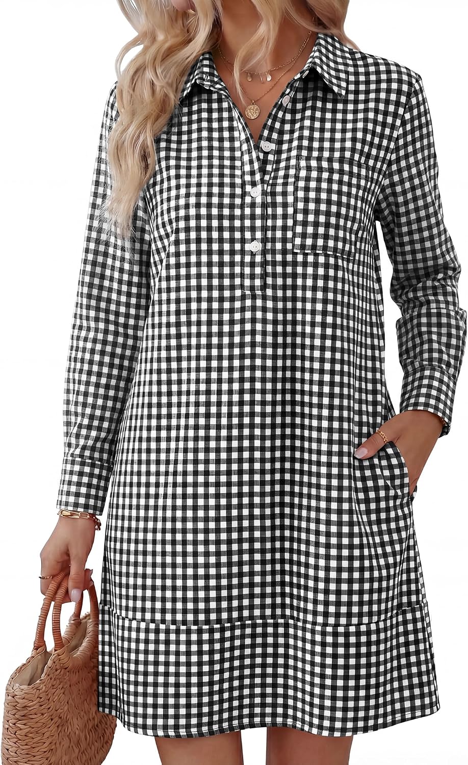 ANRABESS Women's Long Sleeve Striped Fall Shift Shirt Dress | Button Up Polo Collar Tunic Short Dresses with Pockets, Color Block Hem Regular Fit, Office Casual Clothes, All Season Outfit