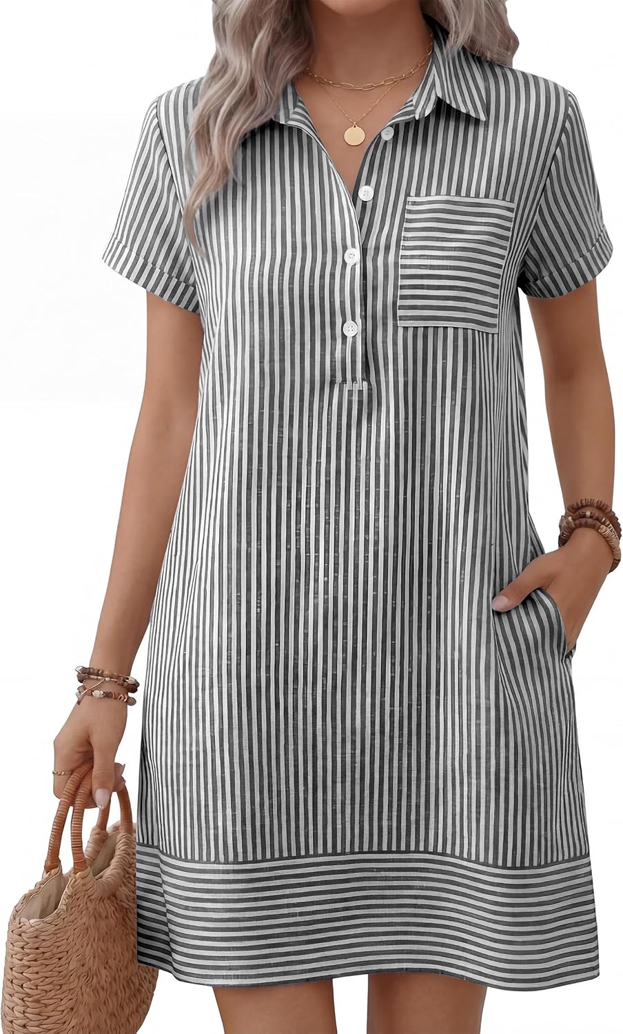 ANRABESS Womens Summer Casual Short Sleeve Shirt Dresses | Button Polo T-shirt Loose Shift Dress, Striped & Gingham, Beach Vacation Travel Outfits with Pockets, Spring Fall Clothes