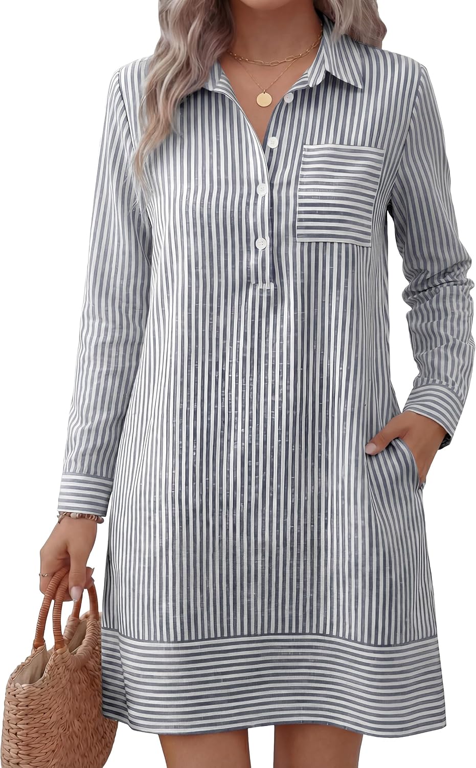 ANRABESS Women's Long Sleeve Striped Fall Shift Shirt Dress | Button Up Polo Collar Tunic Short Dresses with Pockets, Color Block Hem Regular Fit, Office Casual Clothes, All Season Outfit