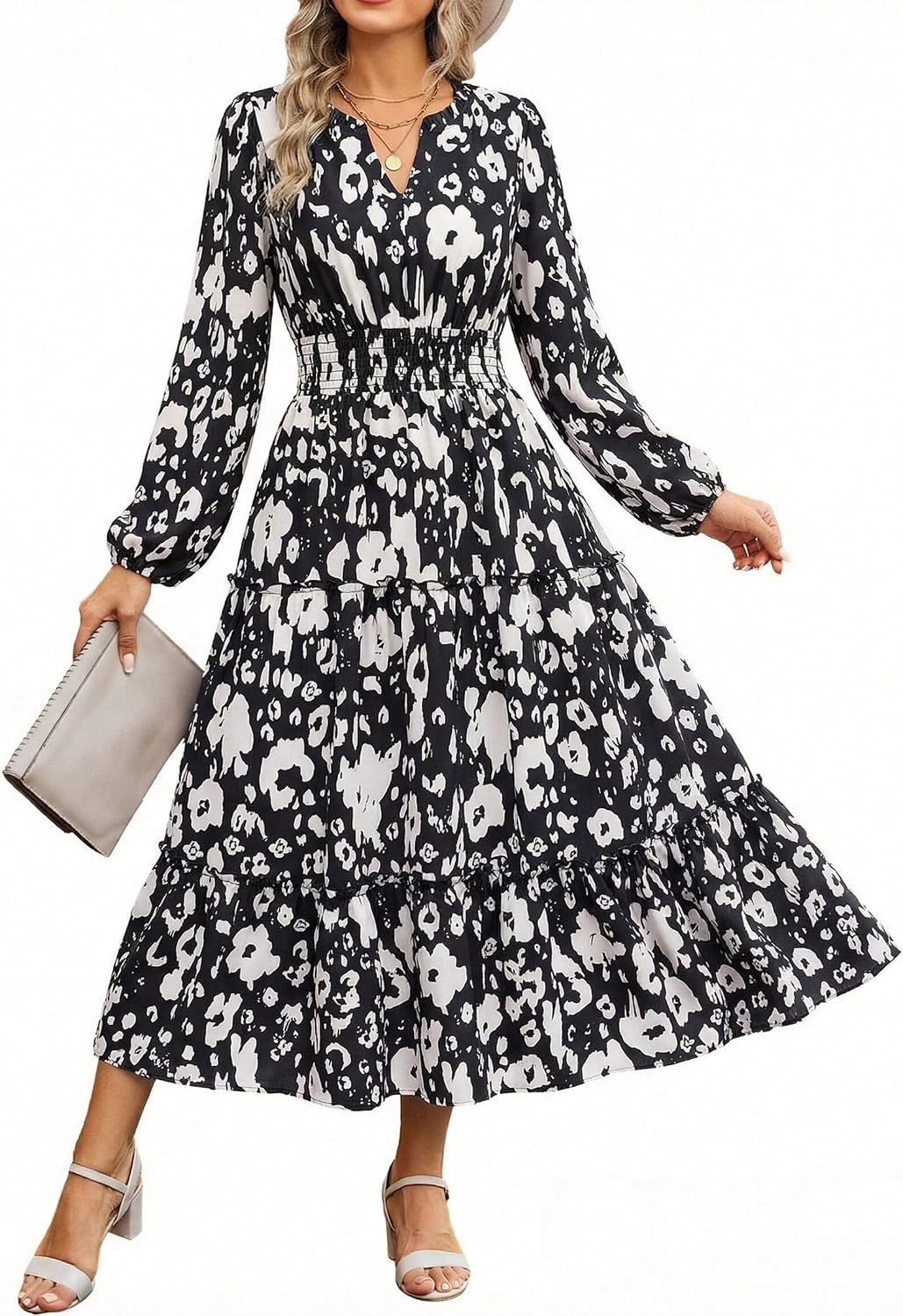 GRACE KARIN Women's Floral Maxi Dress 2026 Fall Long Sleeve V Neck Empire Waist A Line Flowy Dress with Pocket