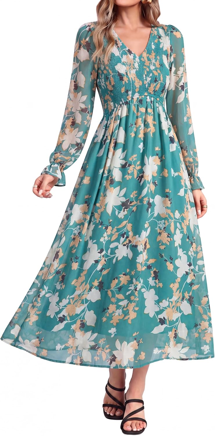 Simplee Womens Fall Floral Wedding Guest Dresses Boho Flowy Maxi Dress | Long Sleeve Chiffon Modest, Church, Smocked Empire Waist, Elegant, Semi Formal, Bridal Shower, Long Western A Line