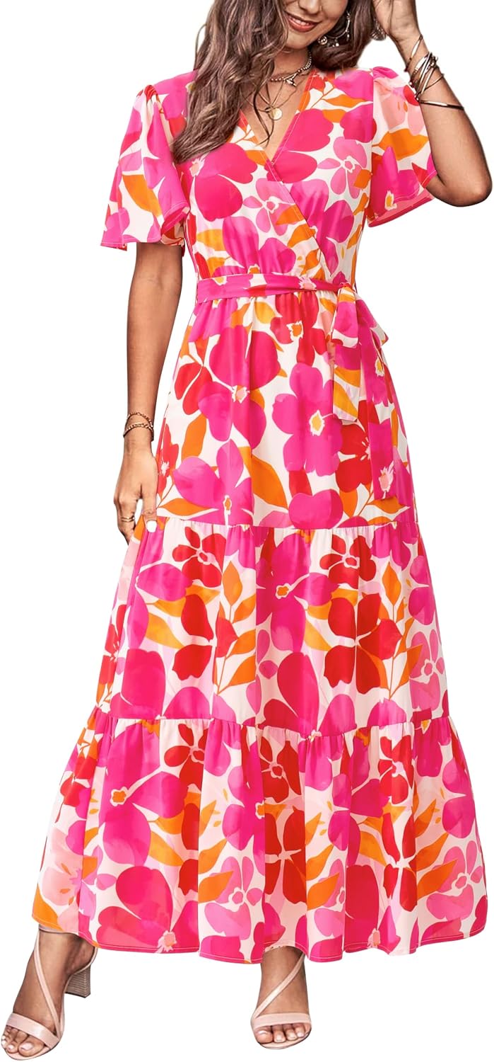 MASCOMODA Womens Summer Swiss Dot Maxi Dresses Wrap Boho Floral Long Dress | V Neck Wrap Dress, Flutter Short Sleeve, Tie Waist, Flowy A Line, Tiered Ruffle Hem, Elegant Spring Wedding Guest Dresses