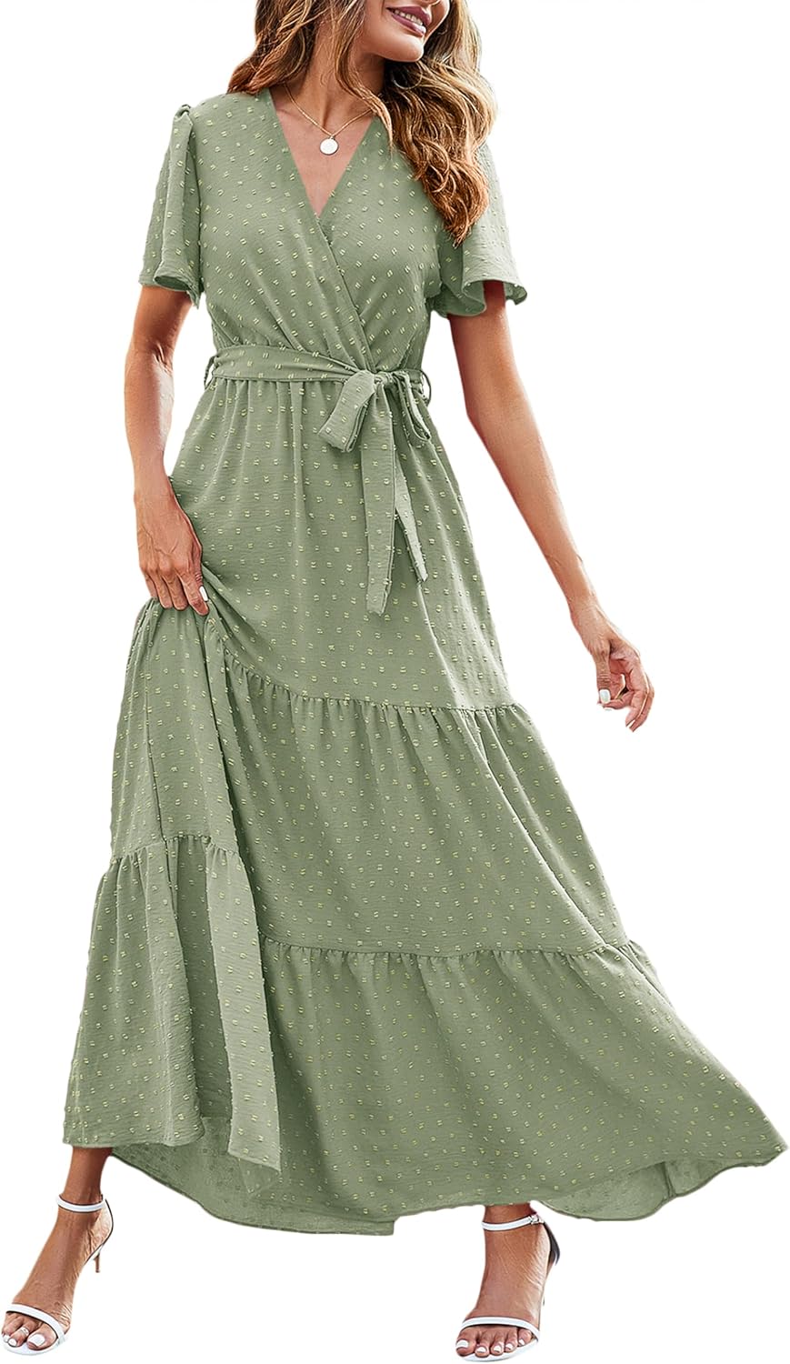 MASCOMODA Womens Summer Swiss Dot Maxi Dresses Wrap Boho Floral Long Dress | V Neck Wrap Dress, Flutter Short Sleeve, Tie Waist, Flowy A Line, Tiered Ruffle Hem, Elegant Spring Wedding Guest Dresses