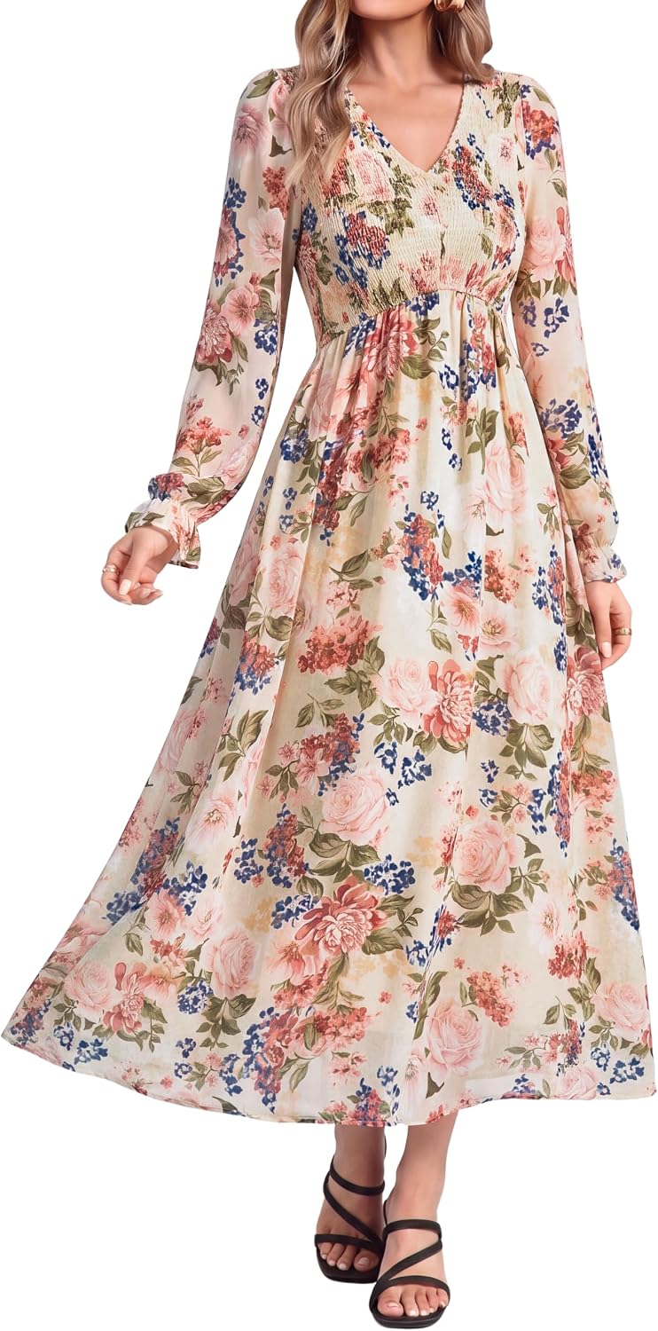 Simplee Womens Fall Floral Wedding Guest Dresses Boho Flowy Maxi Dress | Long Sleeve Chiffon Modest, Church, Smocked Empire Waist, Elegant, Semi Formal, Bridal Shower, Long Western A Line