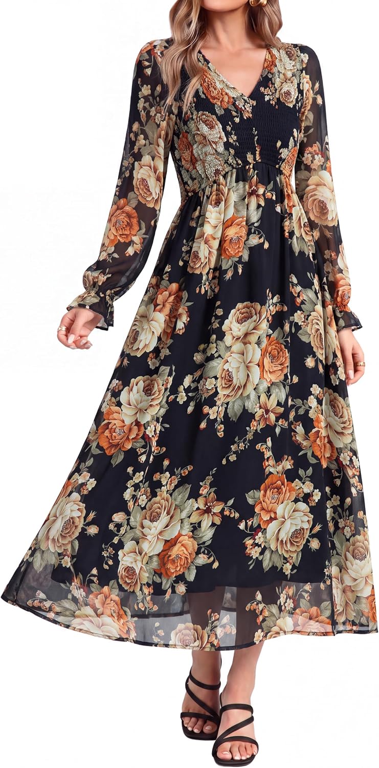 Simplee Womens Fall Floral Wedding Guest Dresses Boho Flowy Maxi Dress | Long Sleeve Chiffon Modest, Church, Smocked Empire Waist, Elegant, Semi Formal, Bridal Shower, Long Western A Line