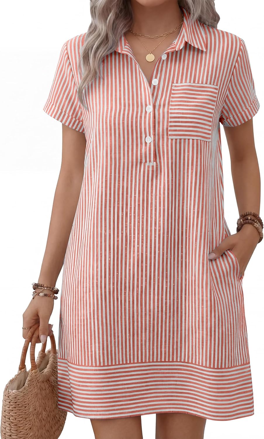 ANRABESS Womens Summer Casual Short Sleeve Shirt Dresses | Button Polo T-shirt Loose Shift Dress, Striped & Gingham, Beach Vacation Travel Outfits with Pockets, Spring Fall Clothes