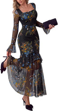 PRETTYGARDEN Womens Floral Long Sleeve Dress A Line Mesh Fall Maxi Dresses | Sheer Sleeve & Bell Cuffs, Lined, High Waist & Tiered Ruffle, Square Neck, Flowy Boho Dress, Cocktail Wedding Guest Dresses