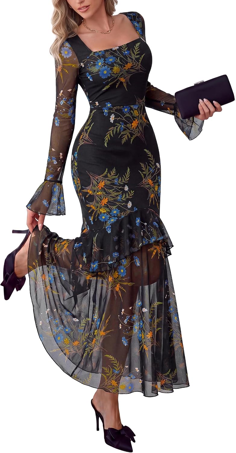 PRETTYGARDEN Womens Floral Long Sleeve Dress A Line Mesh Fall Maxi Dresses | Sheer Sleeve & Bell Cuffs, Lined, High Waist & Tiered Ruffle, Square Neck, Flowy Boho Dress, Cocktail Wedding Guest Dresses