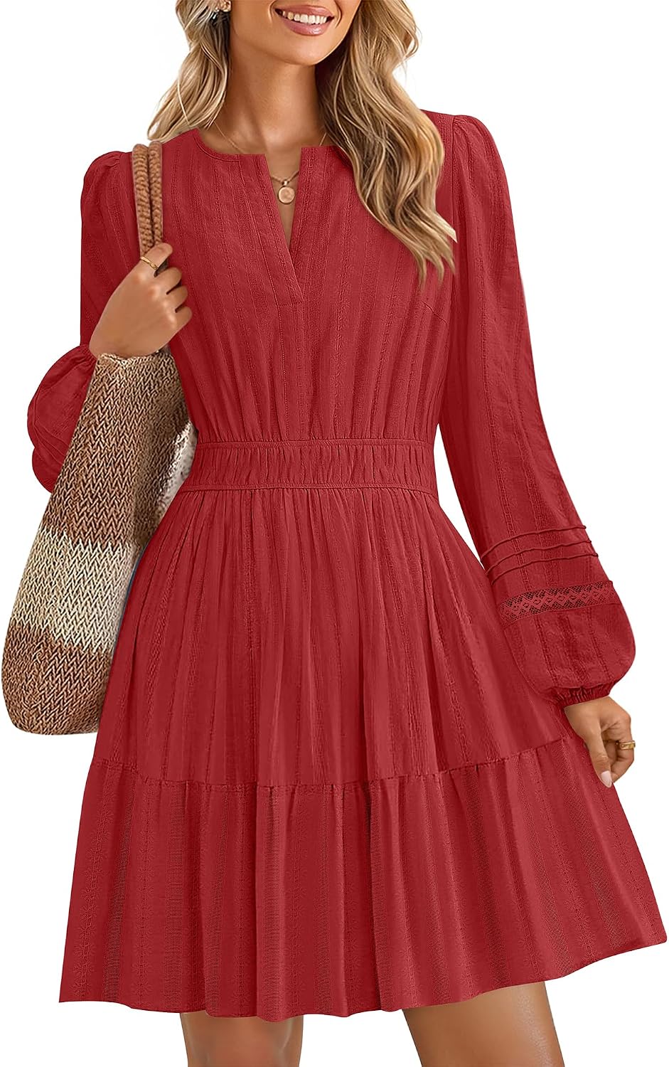 ZESICA Women's Fall Long Sleeve V Neck Flowy Mini Dresses | A Line Cotton Short Dress, Lightweight, Holiday, Work Office, Vacation, Homecoming, Baby Shower, 2026 Fall Trendy Clothes
