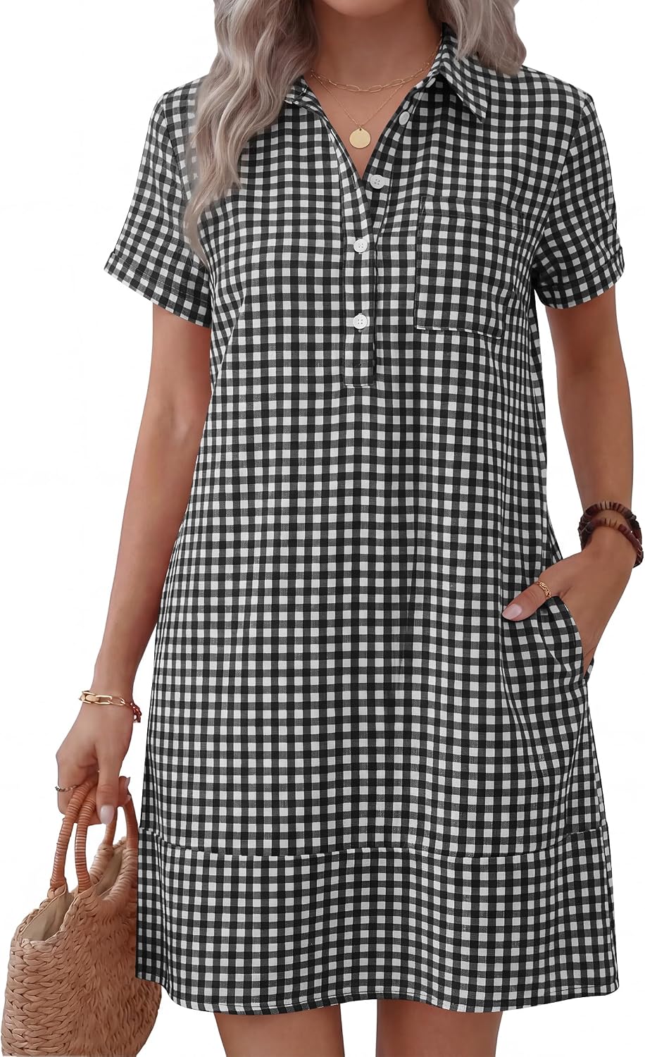 ANRABESS Womens Summer Casual Short Sleeve Shirt Dresses | Button Polo T-shirt Loose Shift Dress, Striped & Gingham, Beach Vacation Travel Outfits with Pockets, Spring Fall Clothes