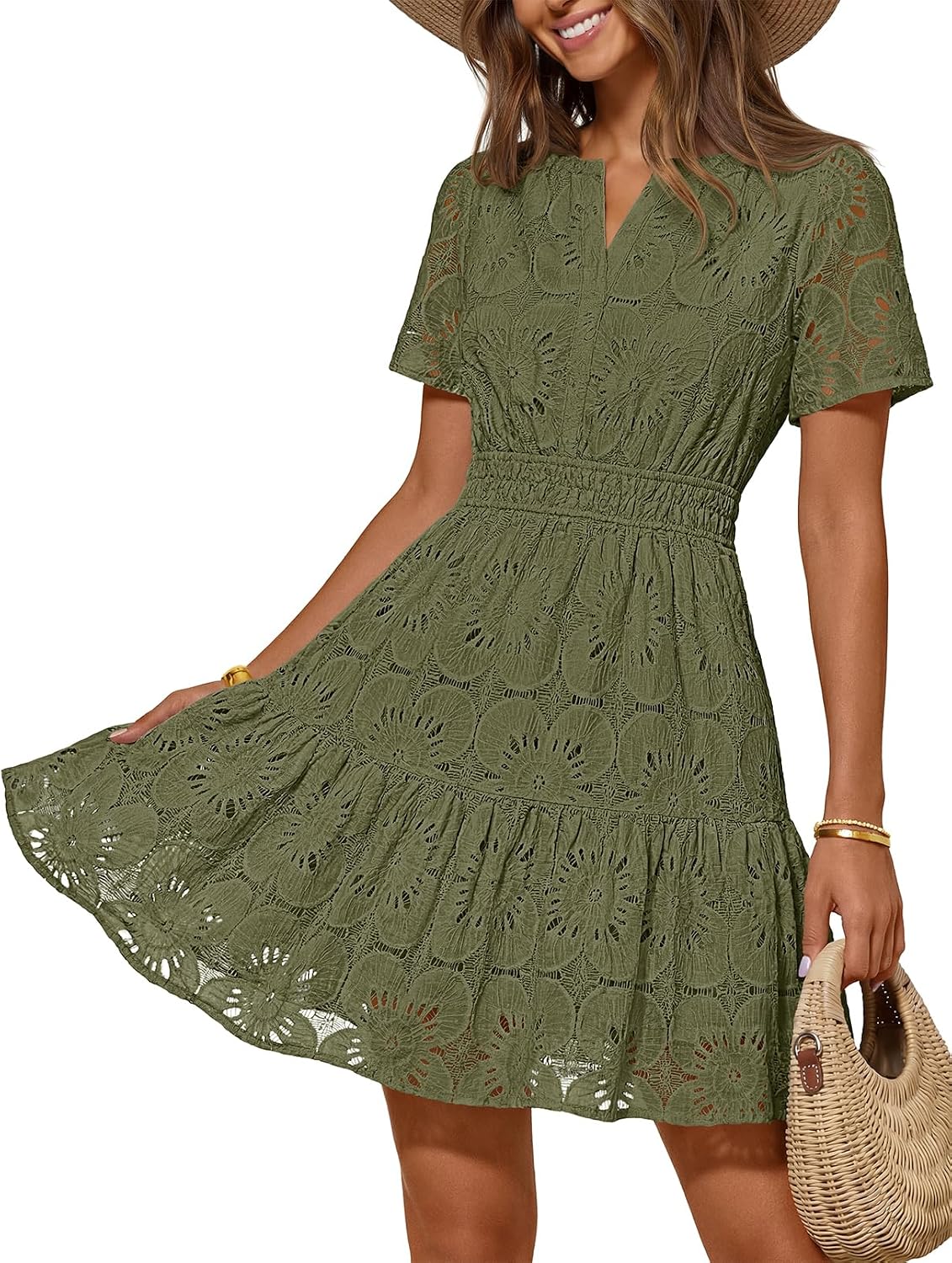 MEROKEETY Women's Summer Eyelet Lace Floral Boho Dress | Mini Dress, Short Sleeve, A Line, Notch Neck, Shirring Waist, Flowy Hem, Elegant Casual Cute, Vacation Beach, Short Sundress