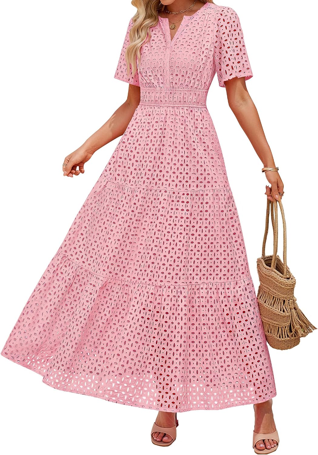 ZESICA Women's Summer Casual V Neck Eyelet A Line Maxi Dresses | Short Sleeve, High Waist, Beach Vacation Long Dress, Wedding Guest, Cocktail Party Outfits, 2026 Fashion Trendy Clothes
