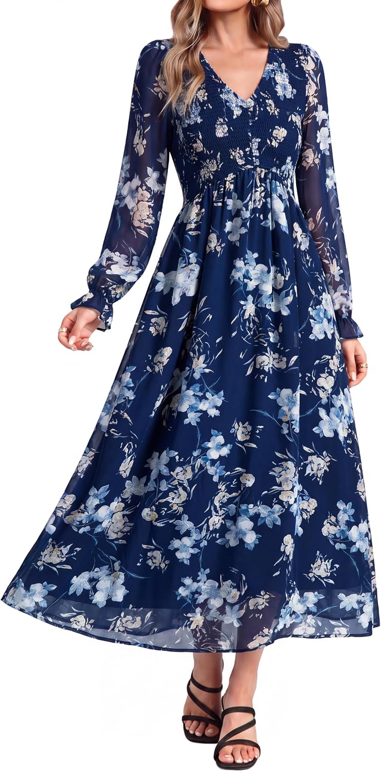 Simplee Womens Fall Floral Wedding Guest Dresses Boho Flowy Maxi Dress | Long Sleeve Chiffon Modest, Church, Smocked Empire Waist, Elegant, Semi Formal, Bridal Shower, Long Western A Line
