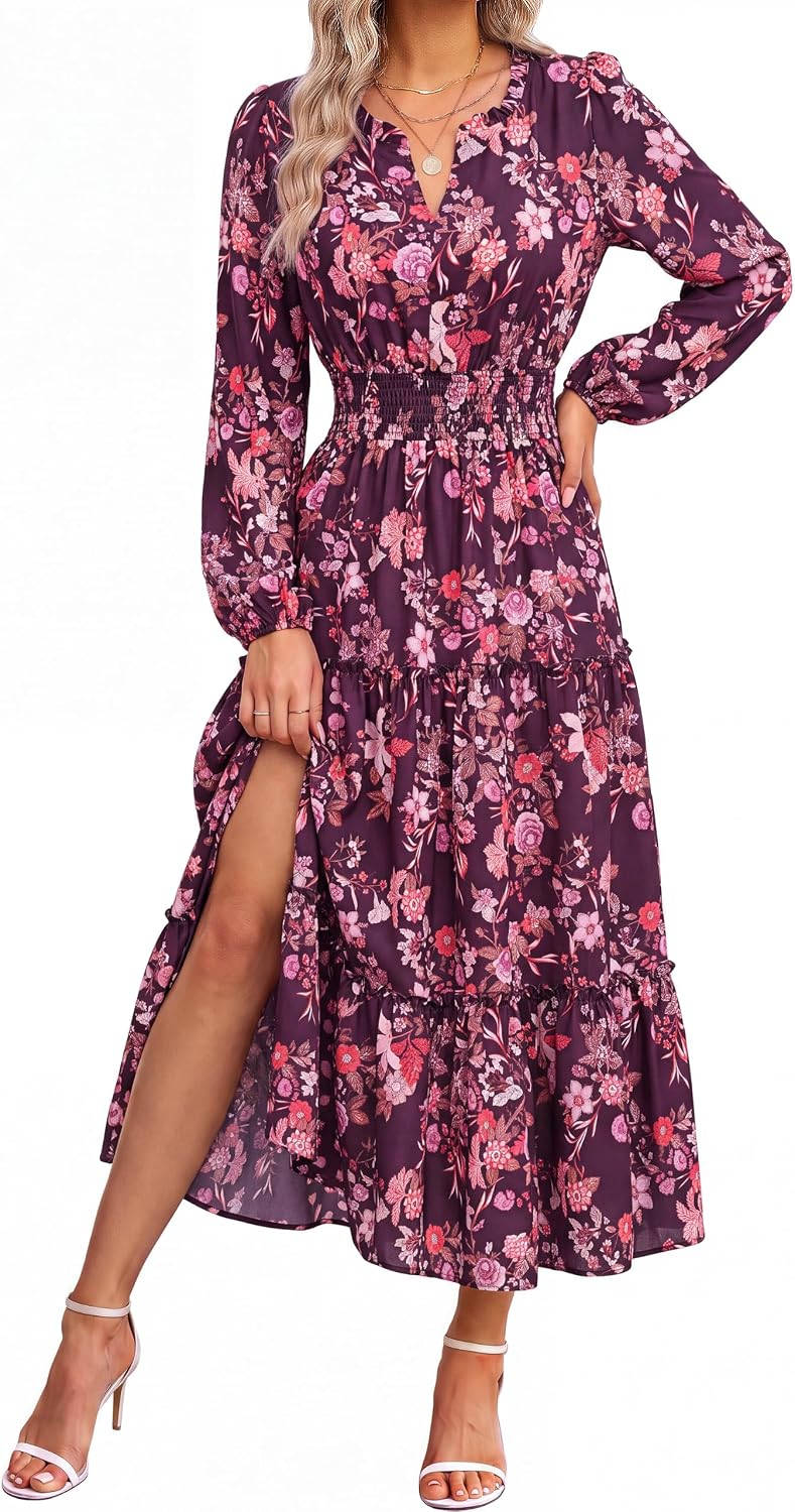 GRACE KARIN Women's Floral Maxi Dress 2026 Fall Long Sleeve V Neck Empire Waist A Line Flowy Dress with Pocket